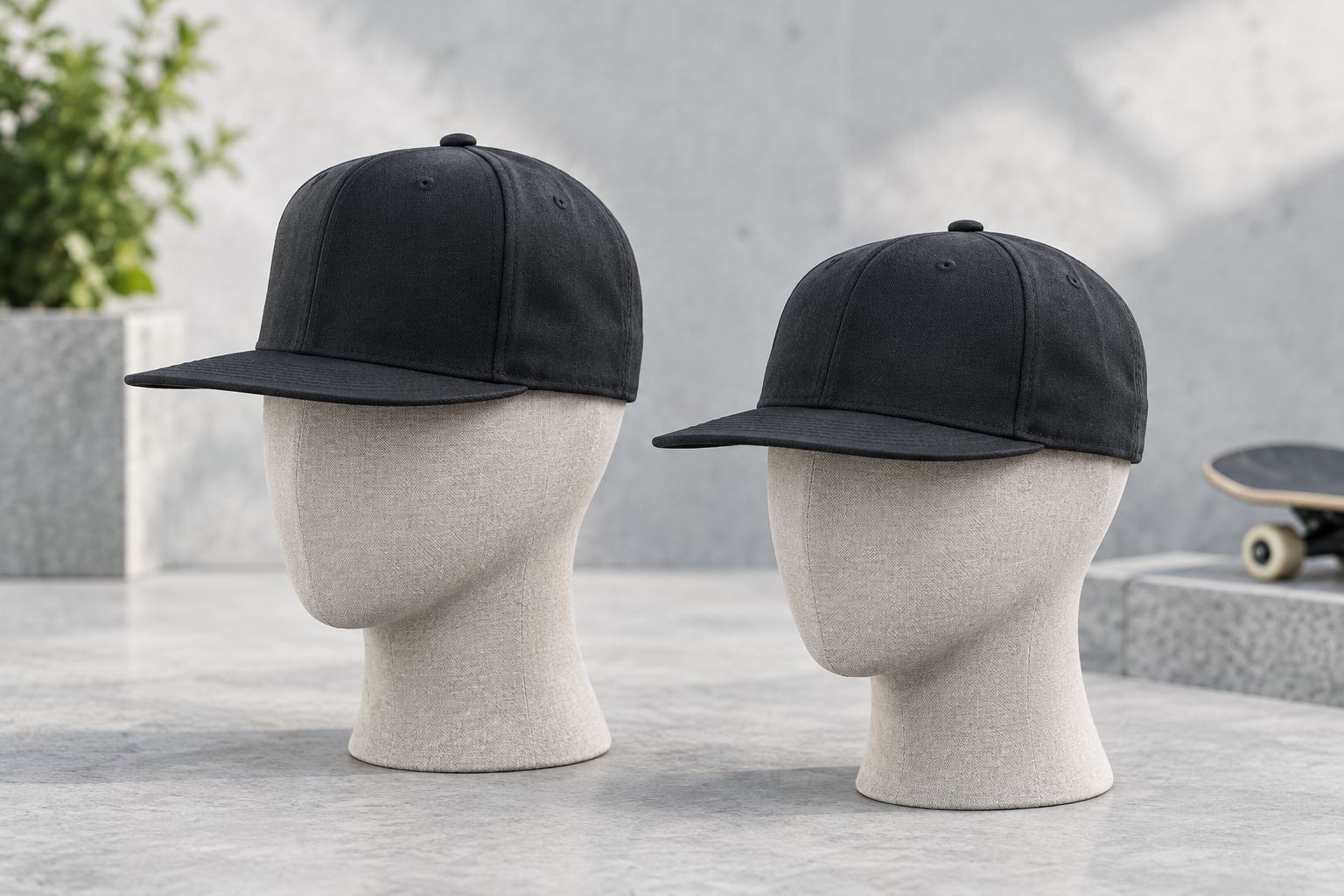 Two plain snapback caps showing a tall crown beside a lower crown silhouette