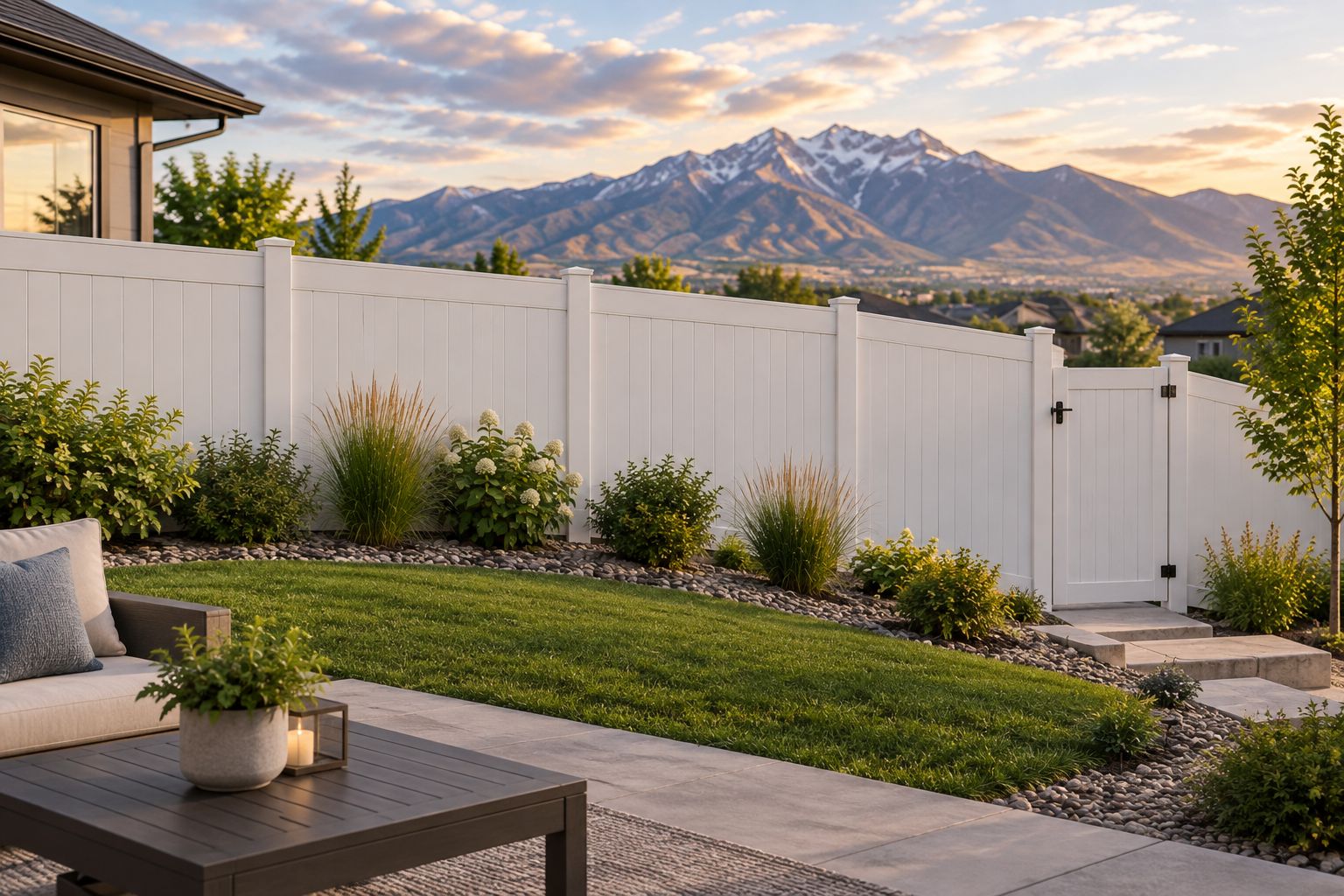 Solid vinyl privacy fence with a gate along a residential backyard