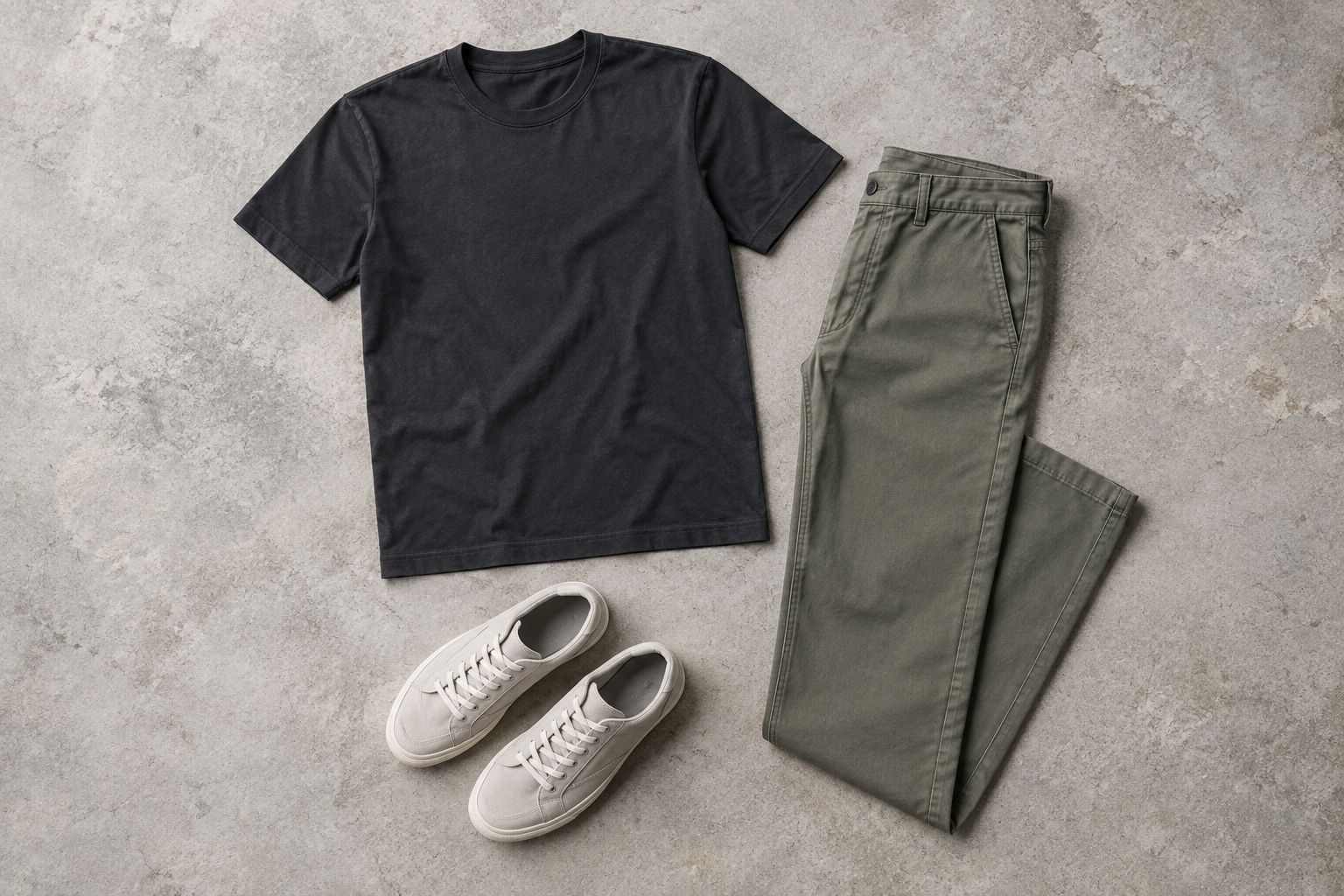 A plain tee, neutral trousers, and simple sneakers arranged as an everyday outfit