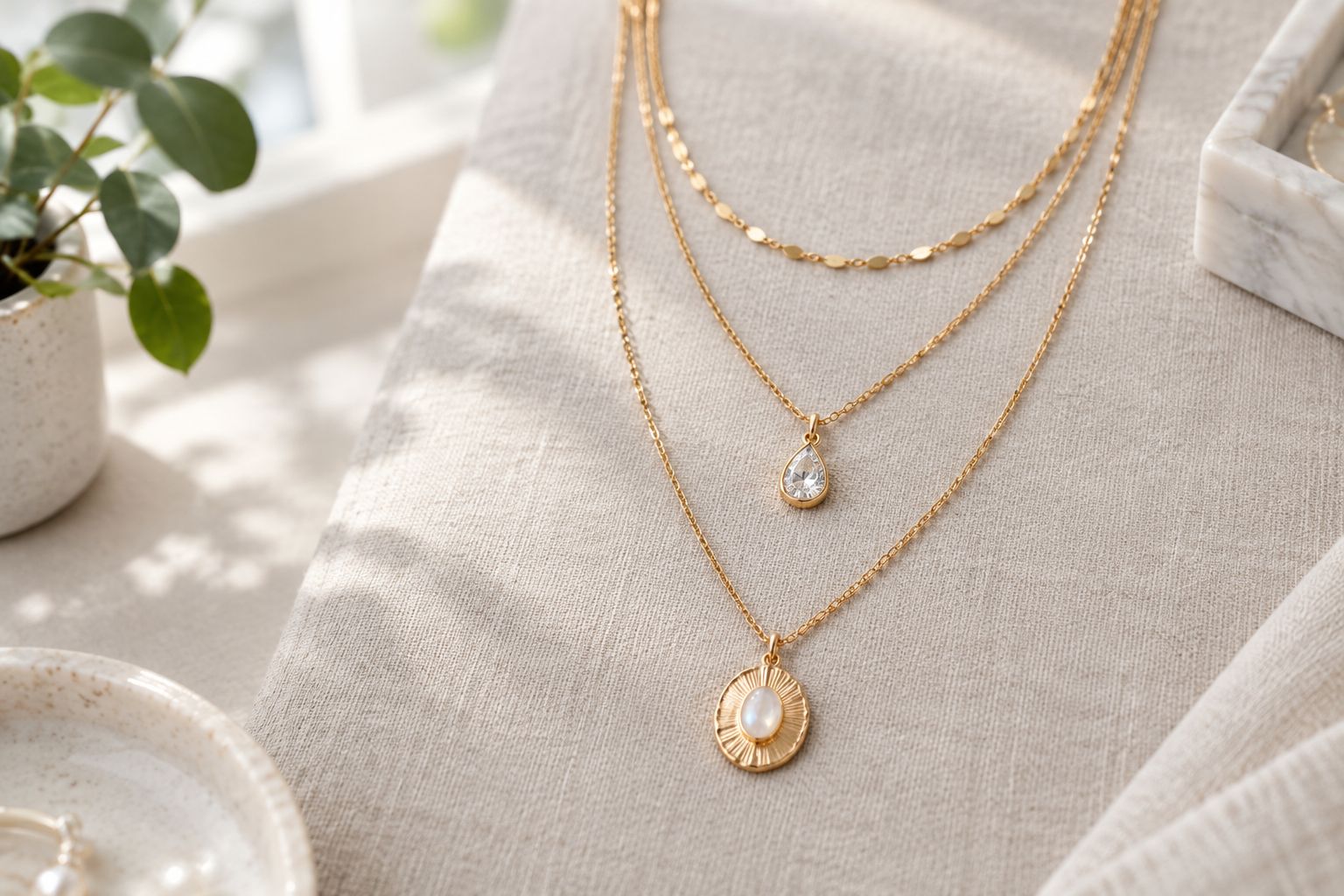 Three pendant necklaces layered at different chain lengths