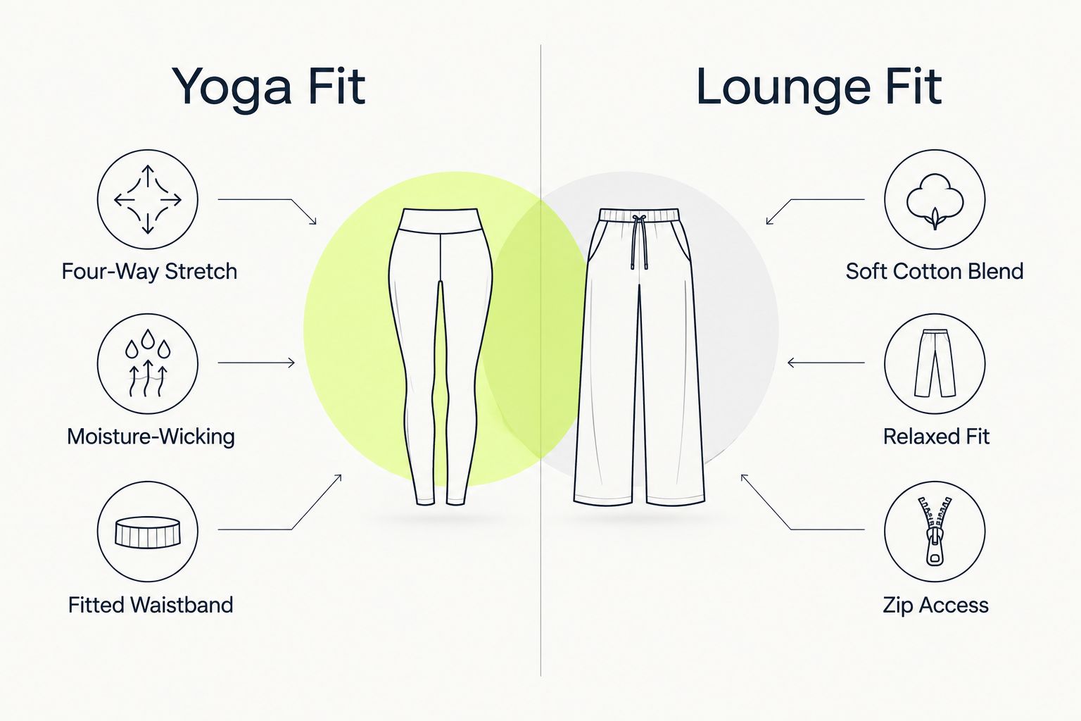 Two-column diagram comparing yoga-ready onesie features to lounge-ready onesie features