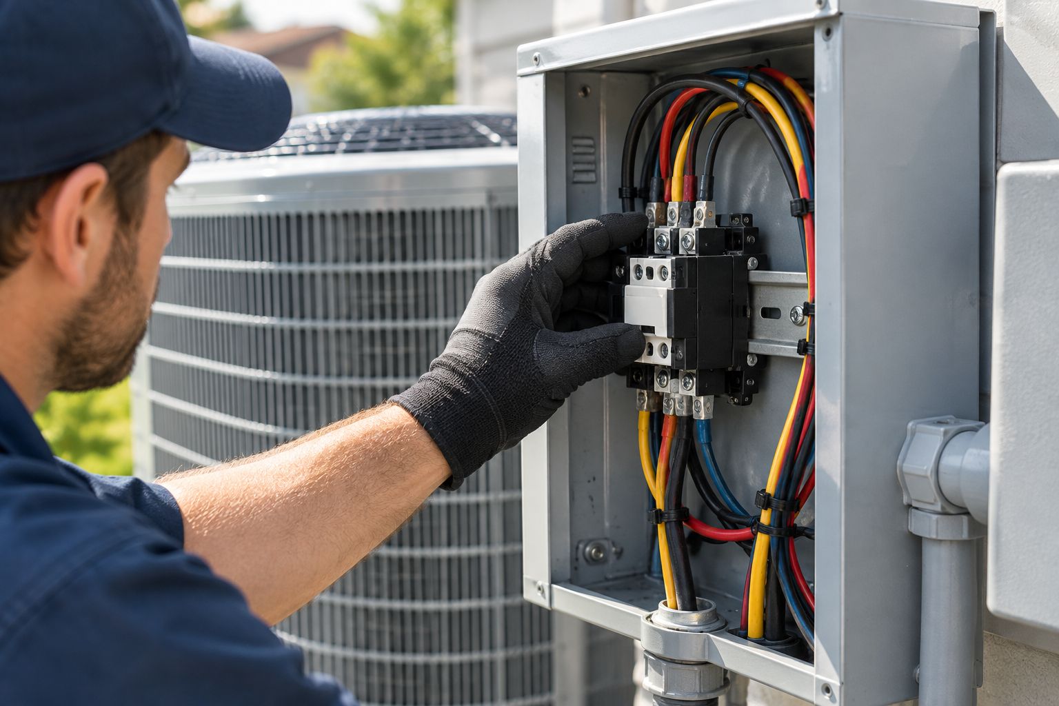 Technician accessing a contactor inside an outdoor AC disconnect box