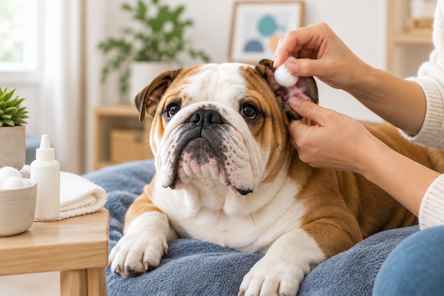 Bulldog puppy having its outer ear gently wiped clean with a cotton ball