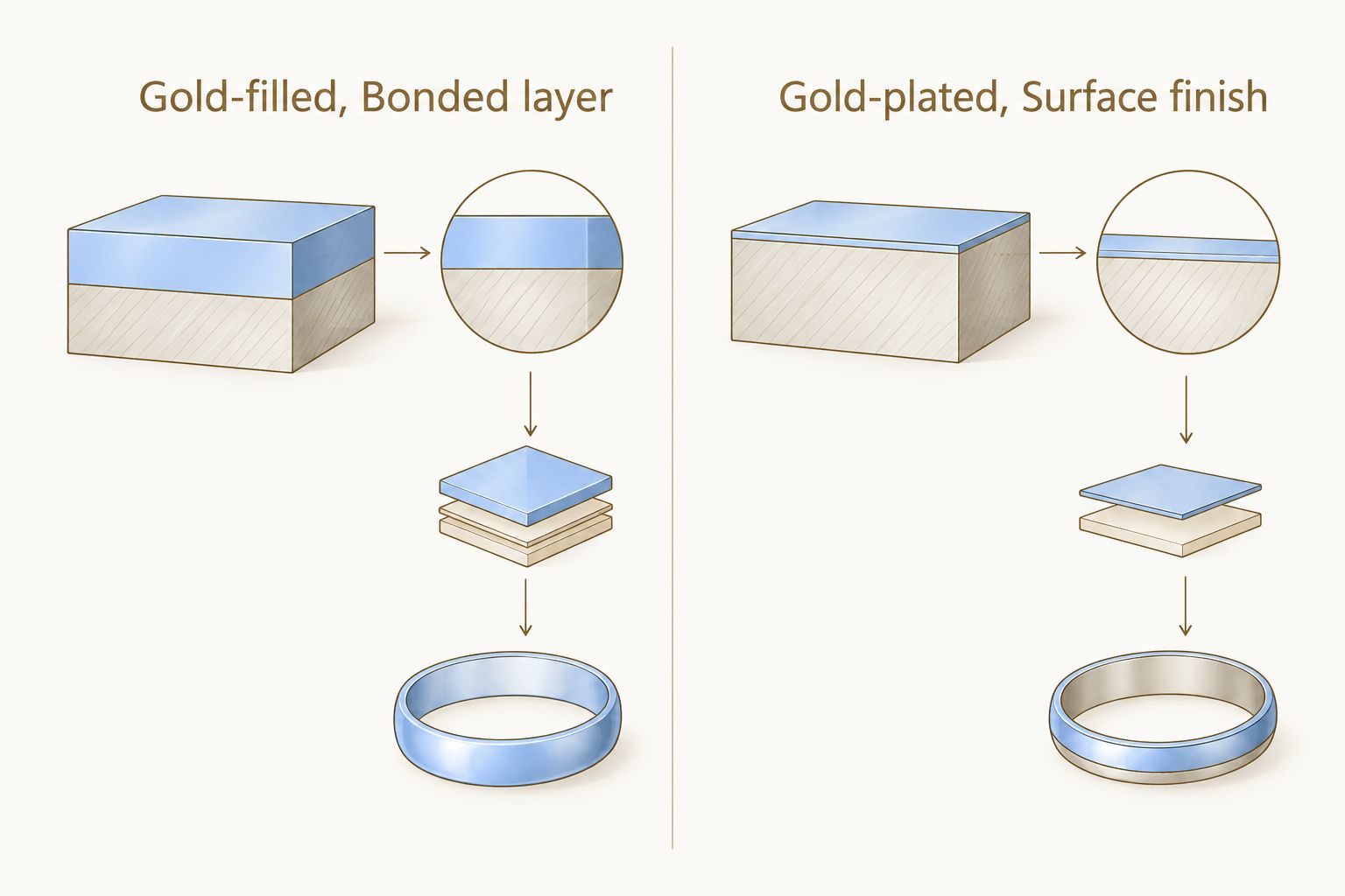 Comparison of a bonded gold layer and a plated gold surface