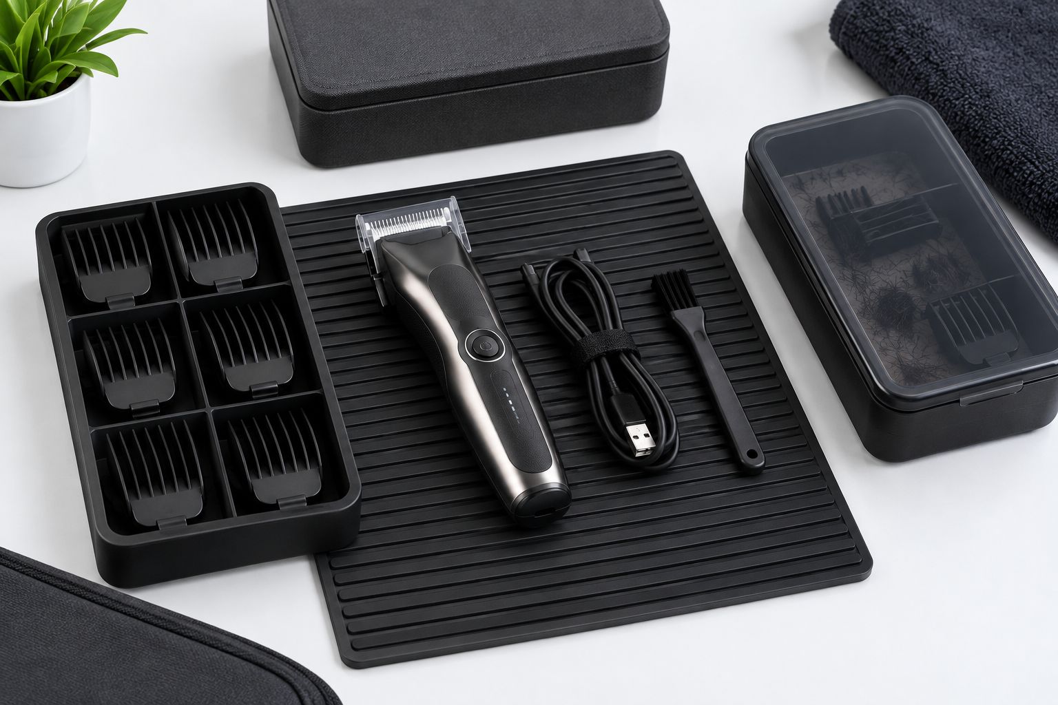 Mobile barber packing layout with protected tools, guards, charging equipment, and separated accessories