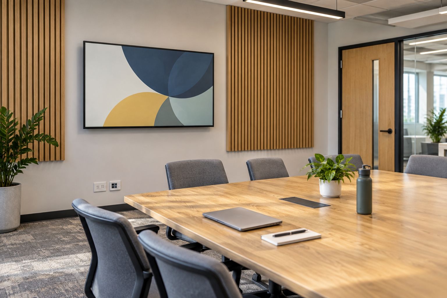 Meeting room with wood slat wall treatment coordinated around a display, doorway, and electrical outlets