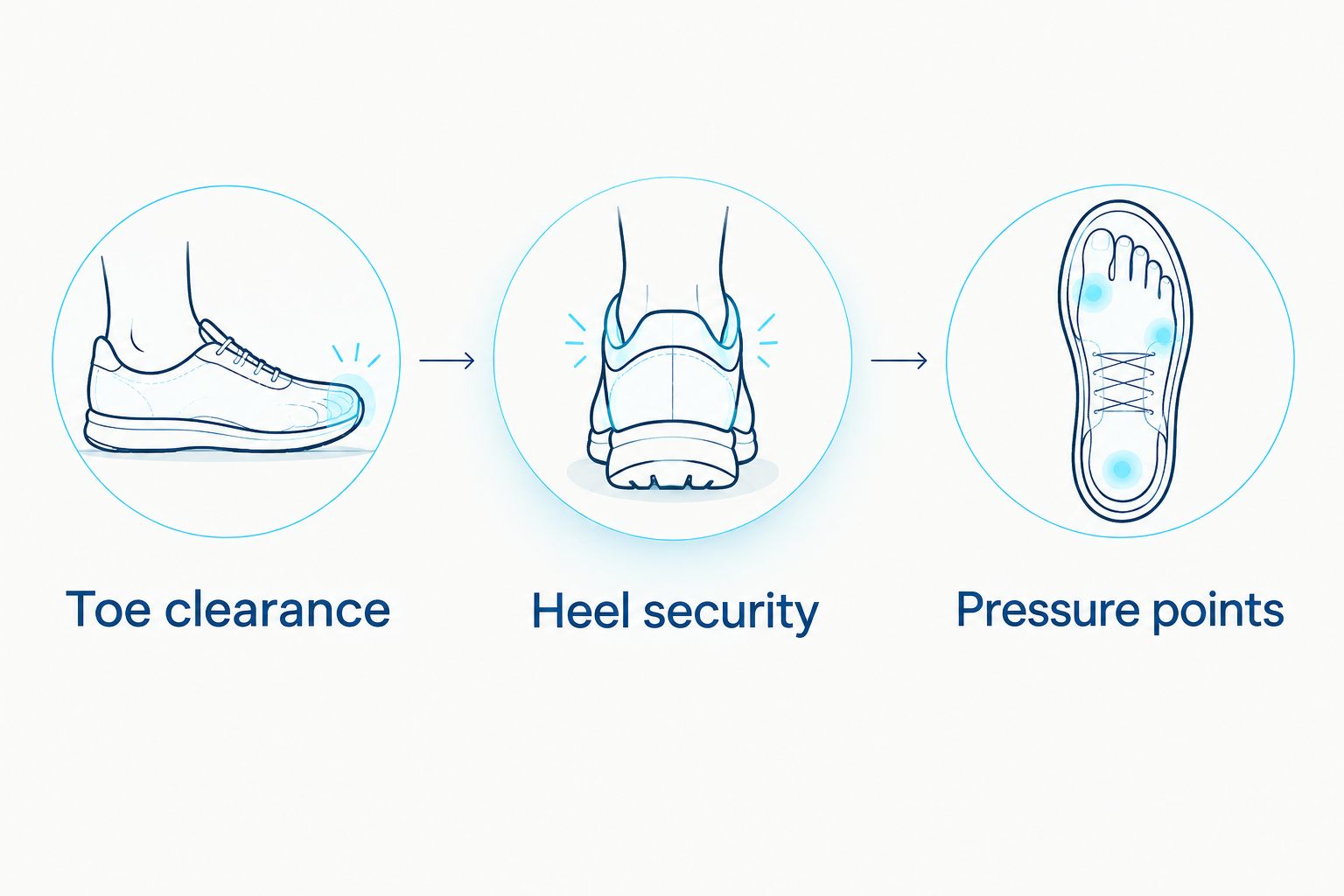 Three shoe fit checks: toe clearance, heel security, and pressure points