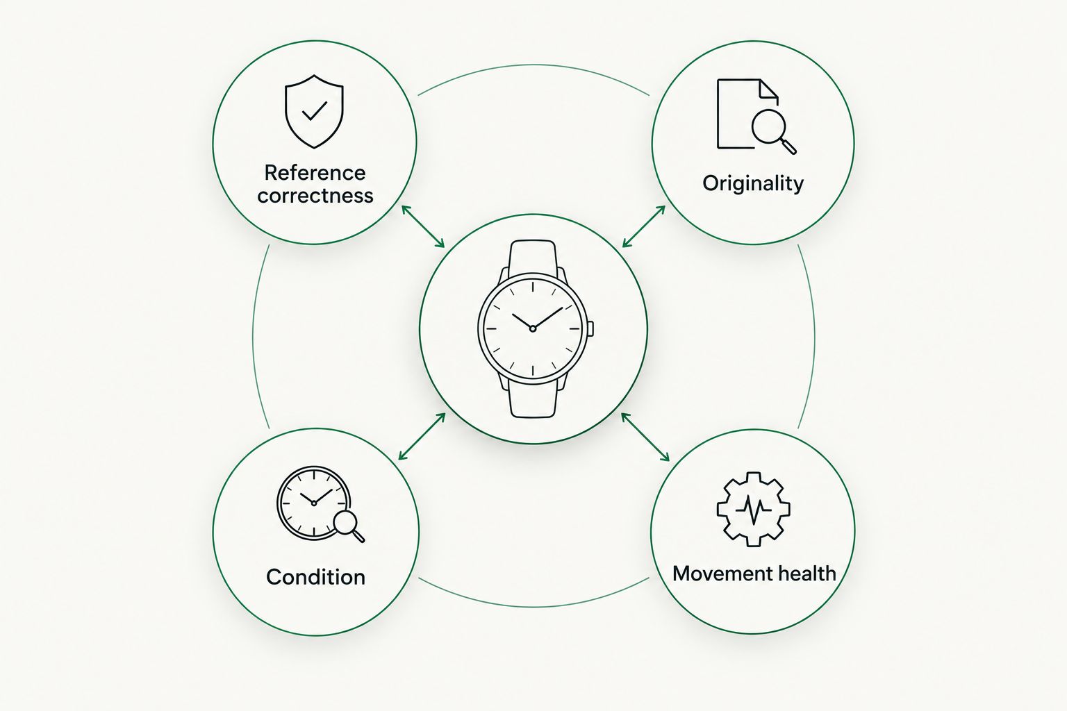 Four checks for a pre-owned watch: reference correctness, originality, condition and movement health.