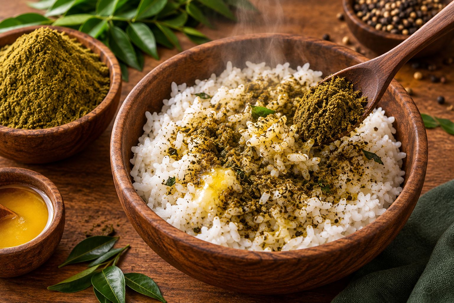 Curry leaf spice powder mixed into hot rice with ghee