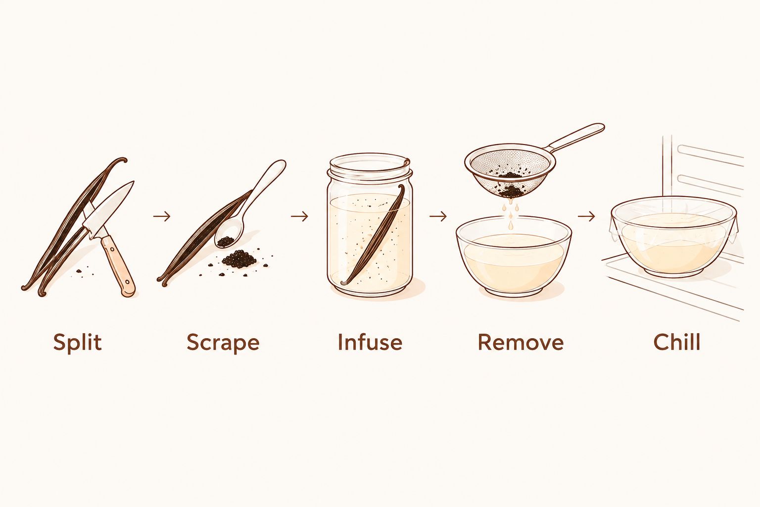 Five steps for preparing a vanilla bean for ice cream: split, scrape, infuse, remove, and chill.