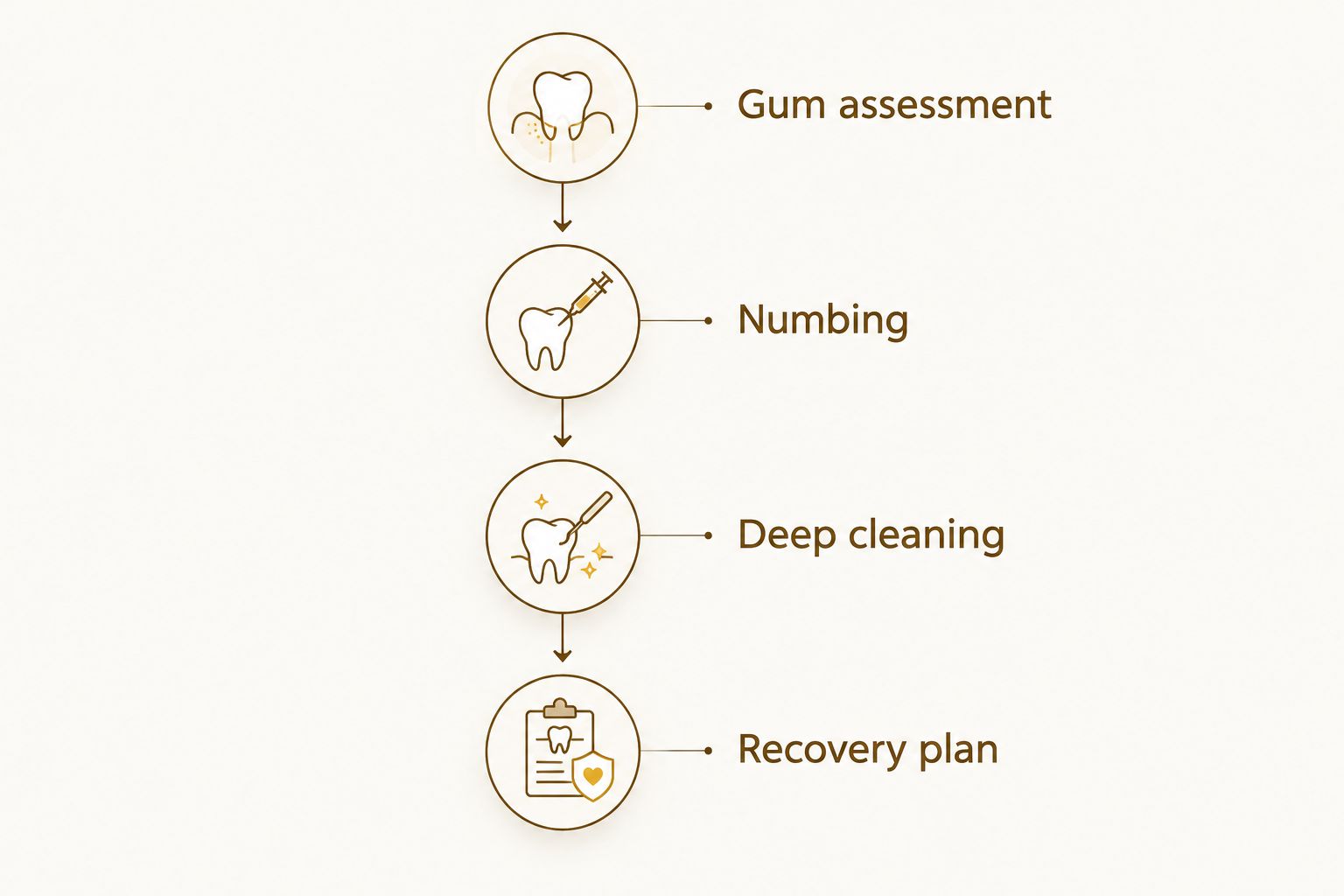 Four stages of deep cleaning, from gum assessment through the recovery plan.