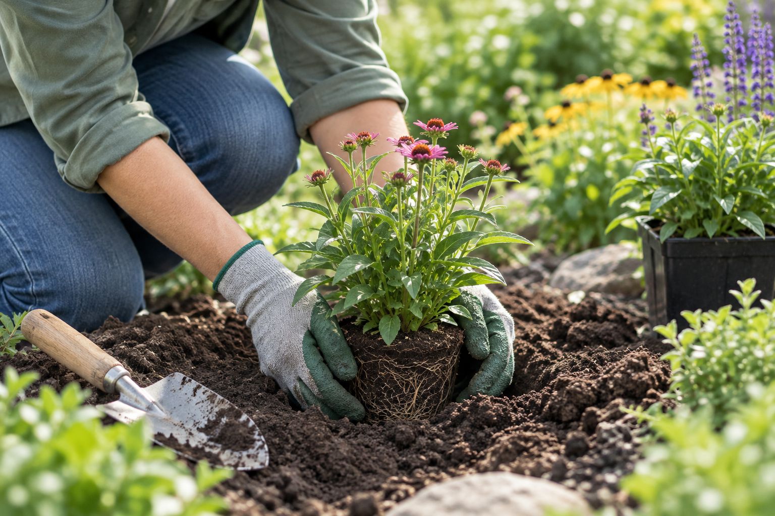 Young perennial plug positioned with its root ball level with the surrounding garden soil