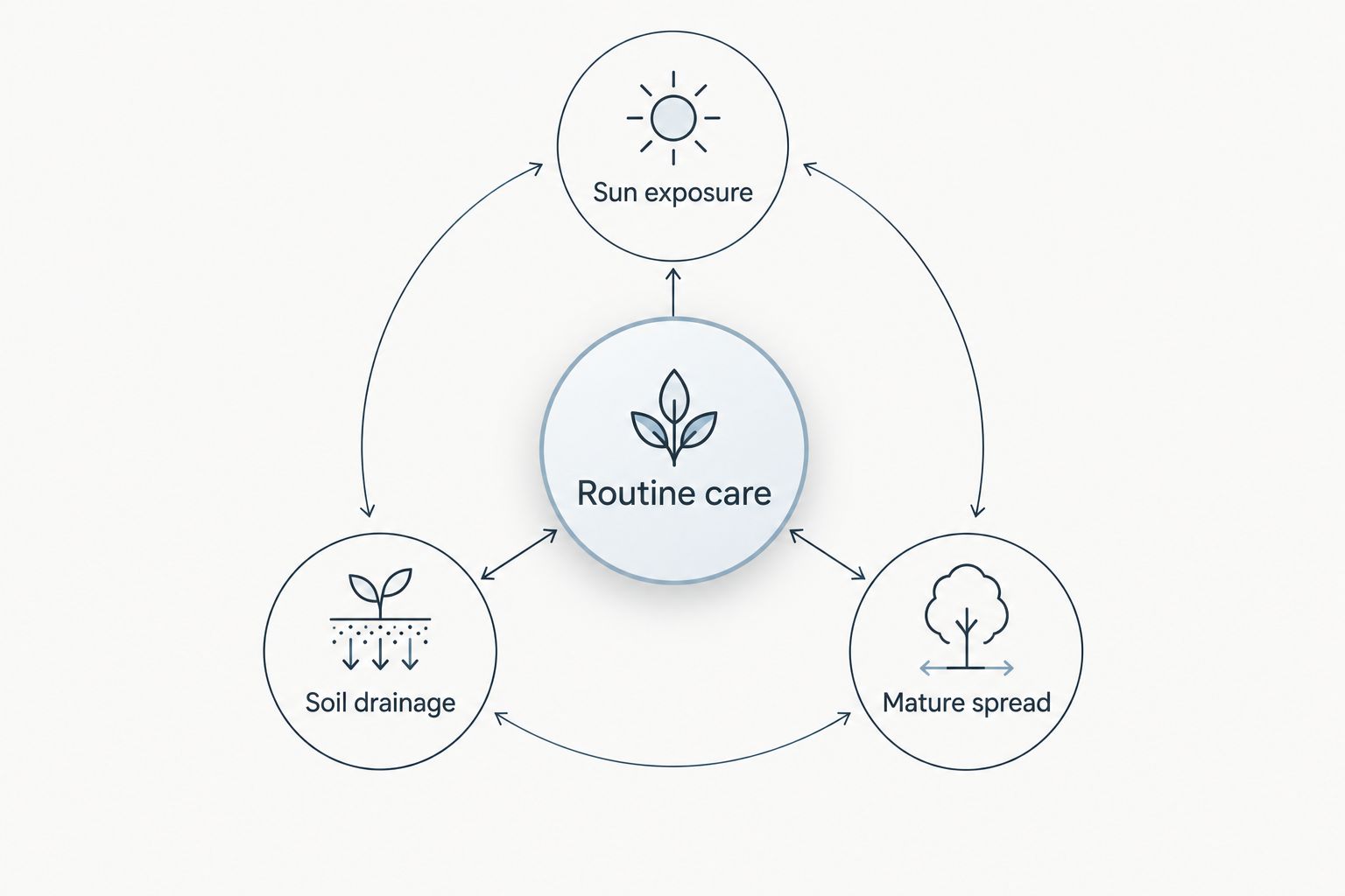 Plant selection diagram connecting routine care with sunlight, drainage, and mature spread