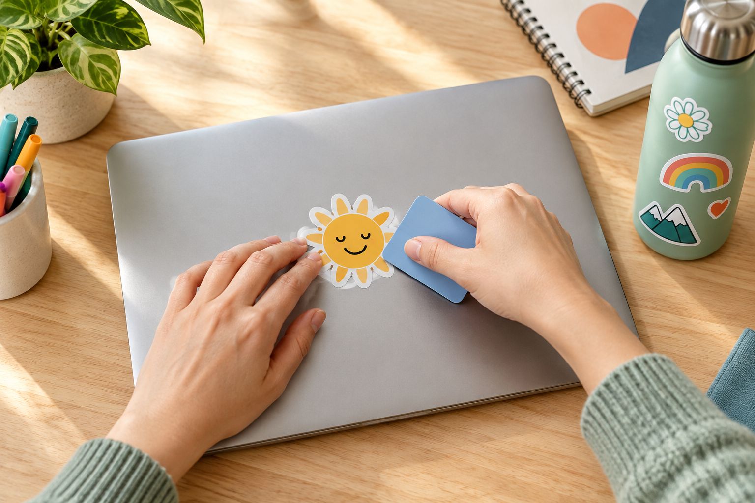 Hands pressing a die-cut vinyl sticker smoothly onto a laptop lid