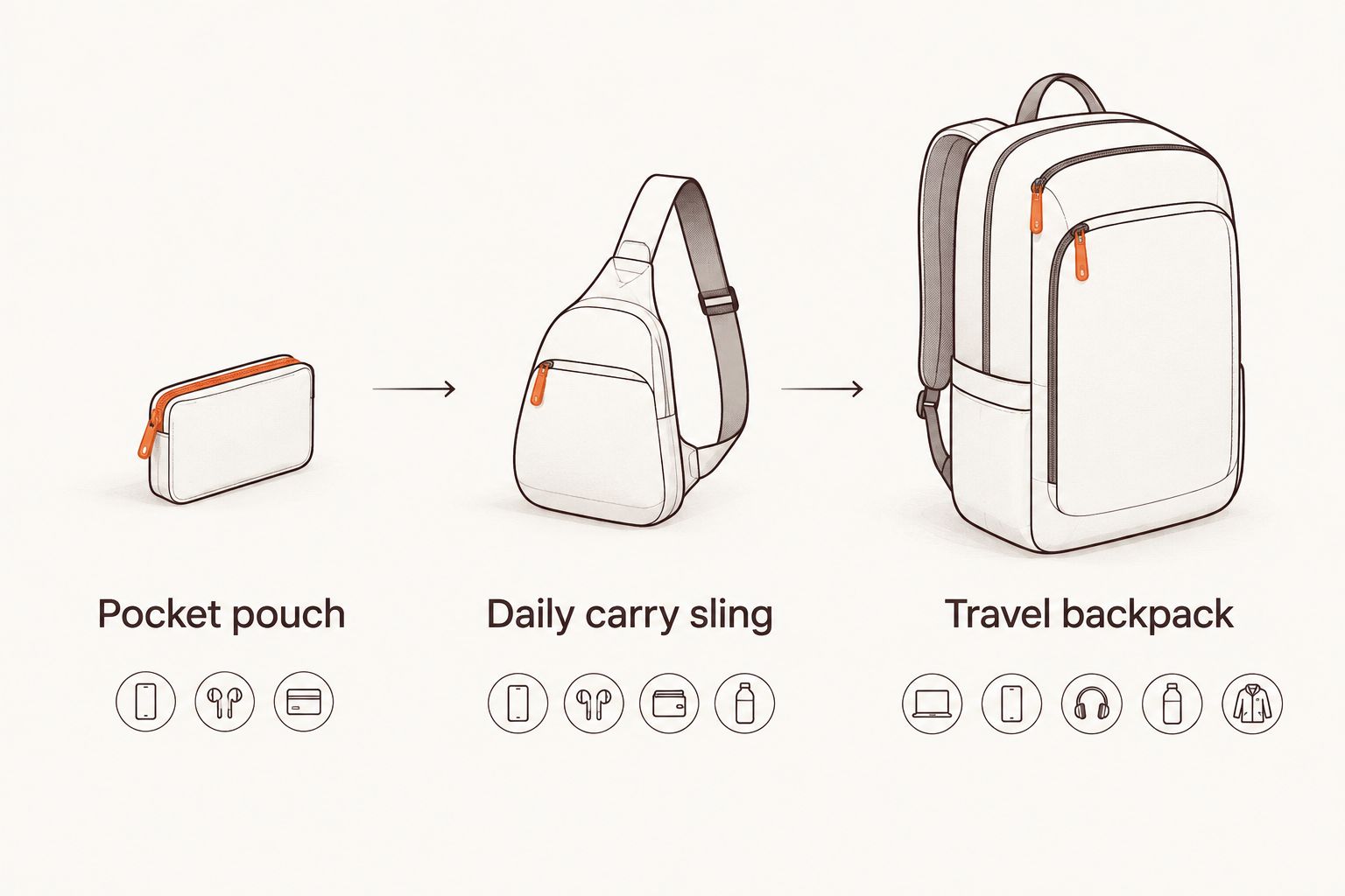 Three-tier diagram showing stash bag sizes from pocket pouch to travel backpack