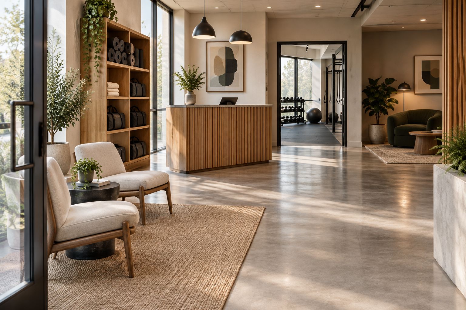 Fitness studio reception with upright seating, bag storage, and a separate lounge corner