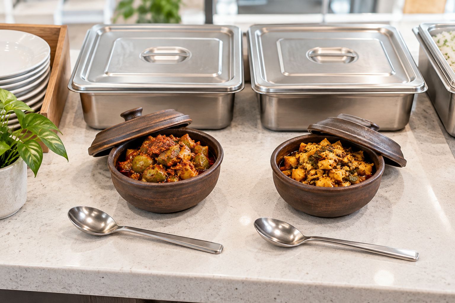 Small covered pickle bowls with separate clean serving spoons on a preparation counter