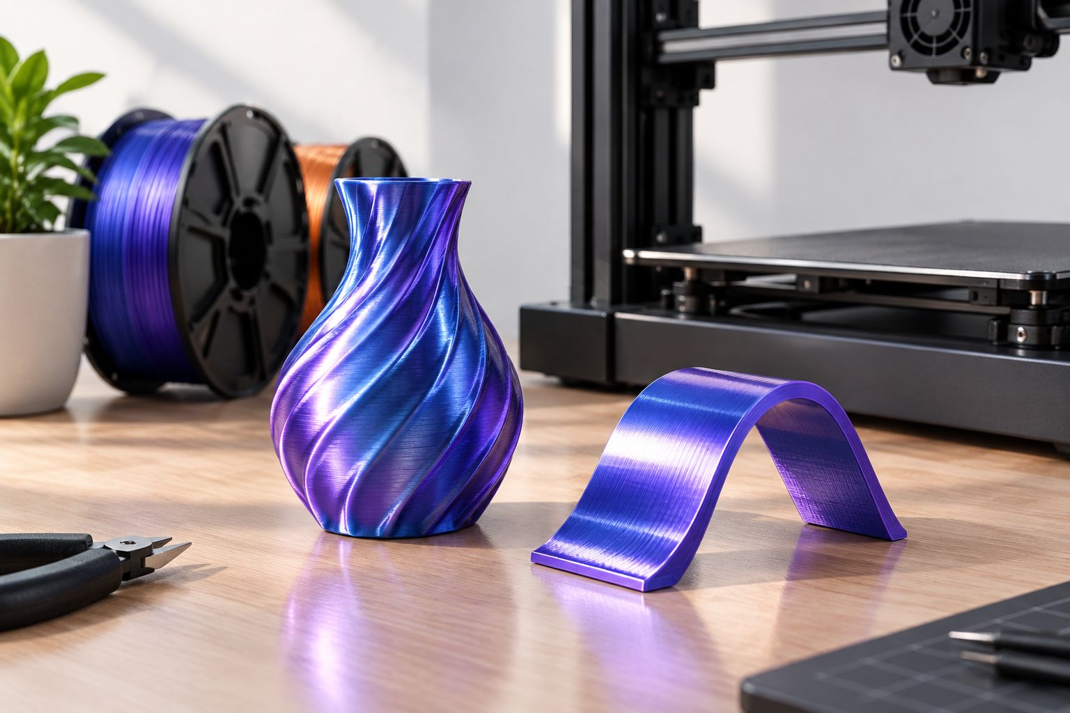 Vaso decorativo e amostra curva com acabamento sedoso sob iluminação lateral.