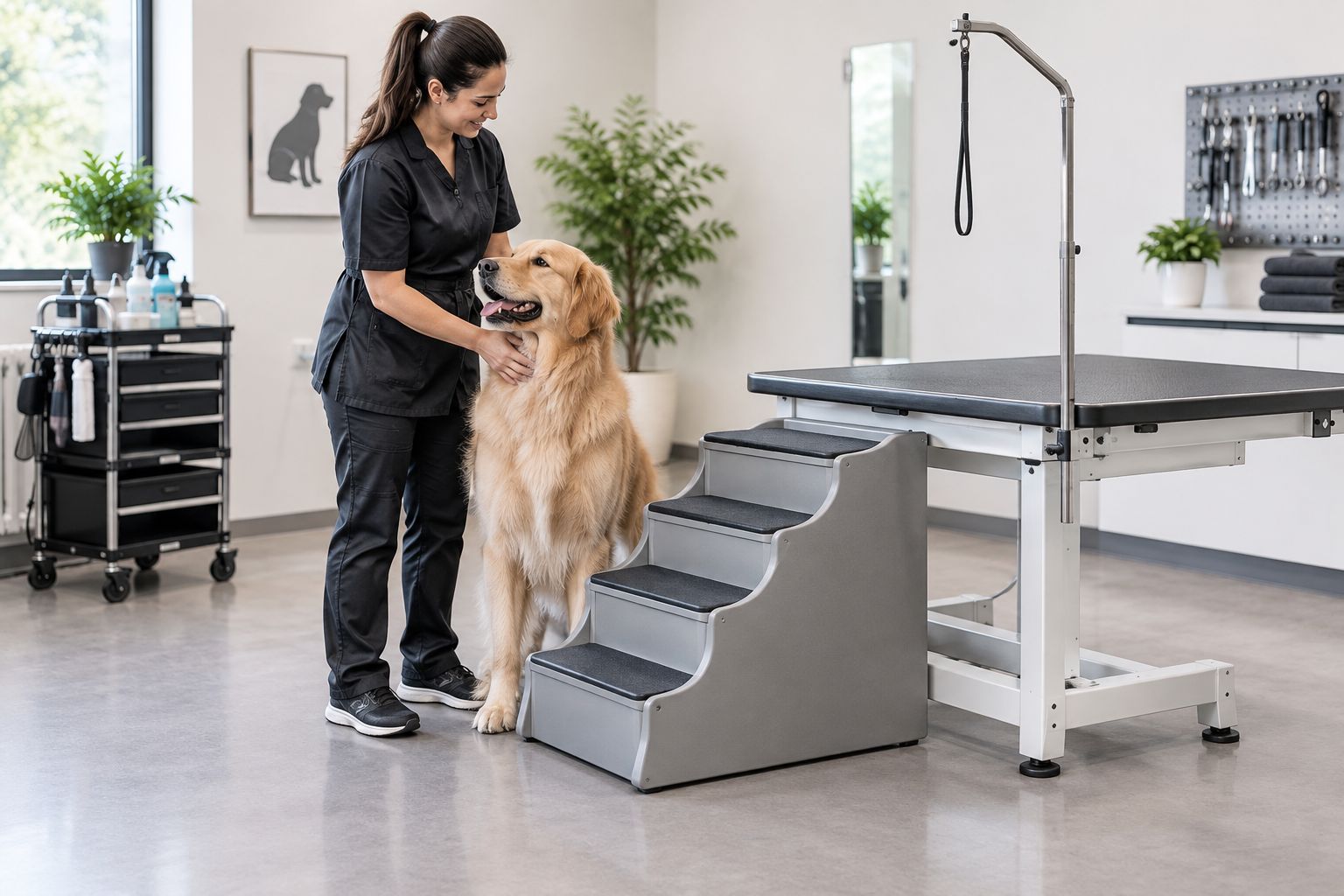 A groomer beside pet stairs with a clear floor route and unobstructed raised landing