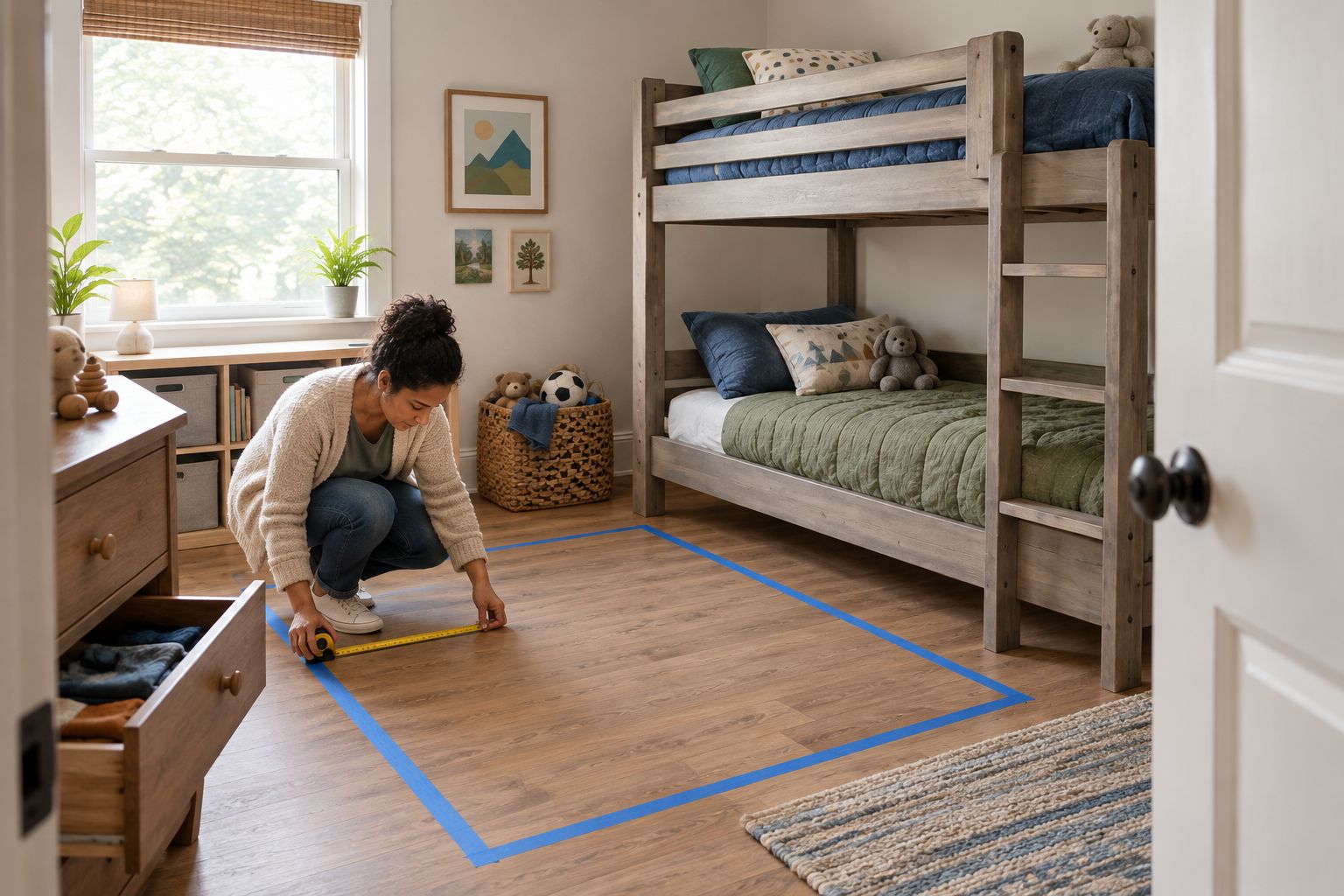 Caregiver measuring a shared bedroom with a taped bed footprint and clear doorway