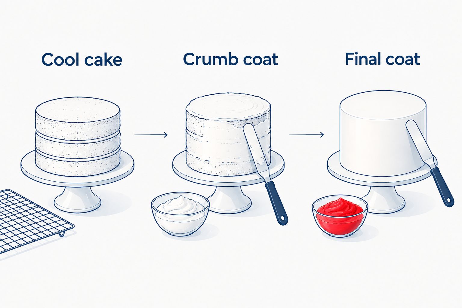 Cake decorating sequence showing cooling, crumb coating, and the final frosting layer