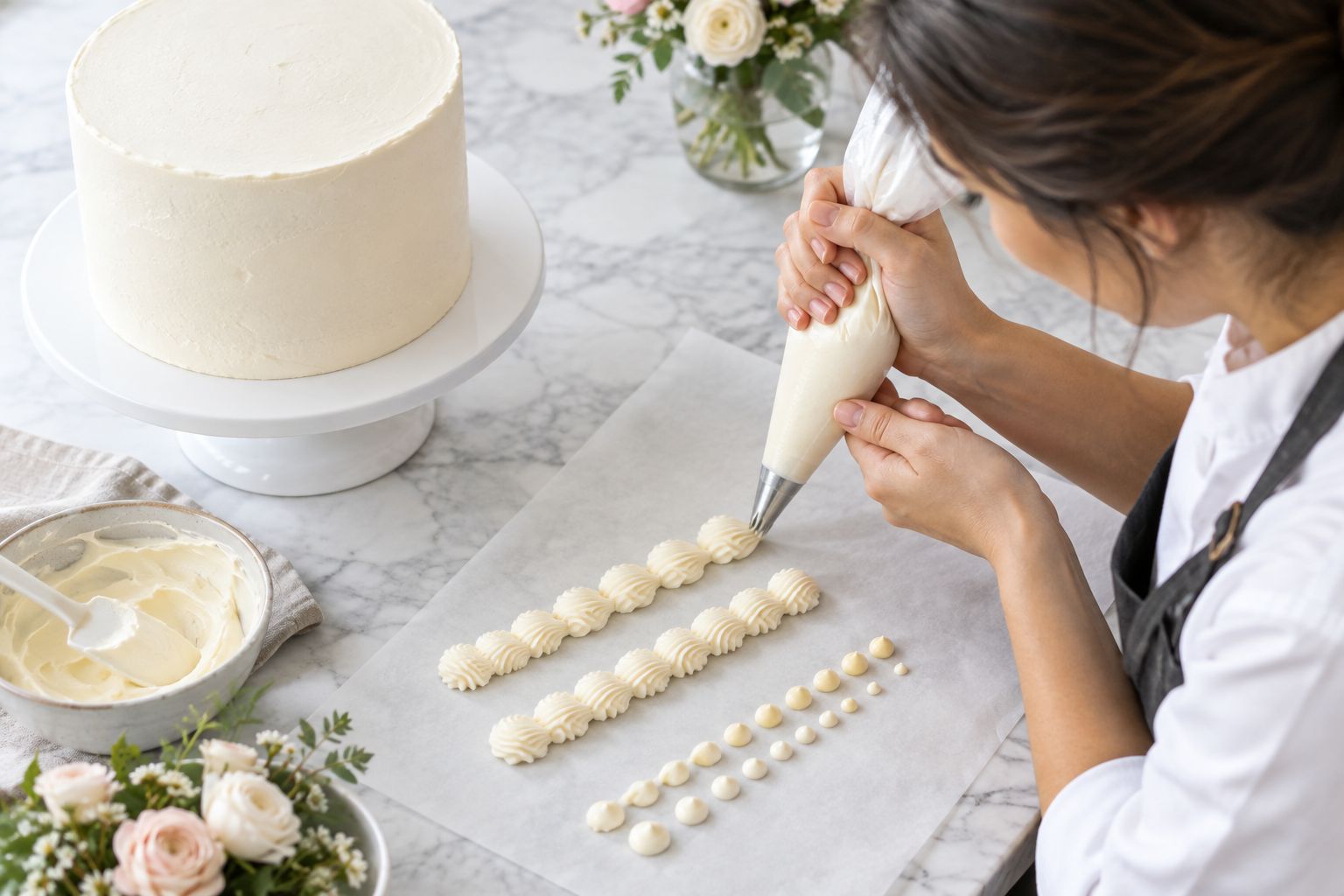 Home baker practicing buttercream dots and shell borders on parchment