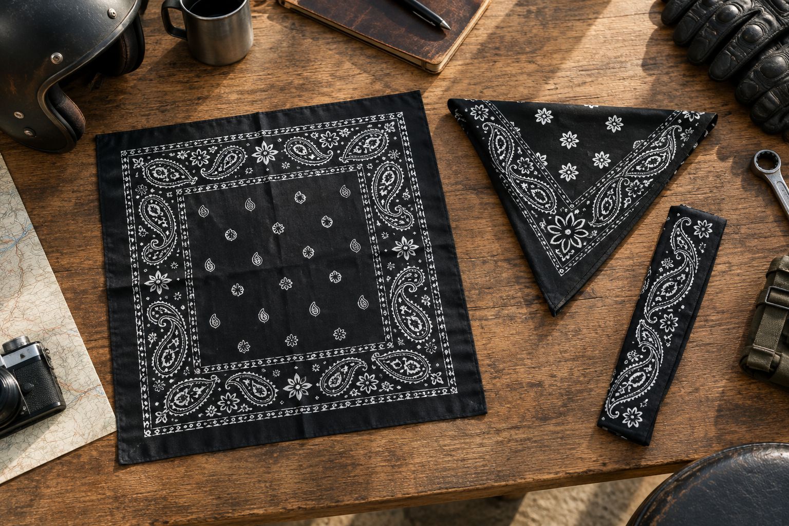 Bandanas laid flat, folded into a triangle, and folded into a narrow strip