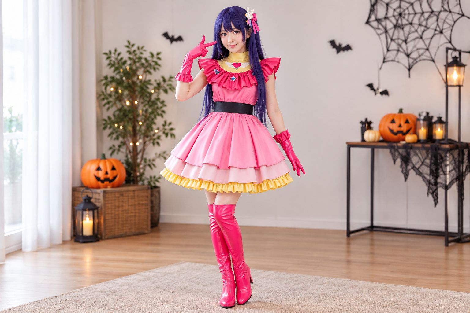 An adult wearing the cosplay dress in an open indoor party photo area