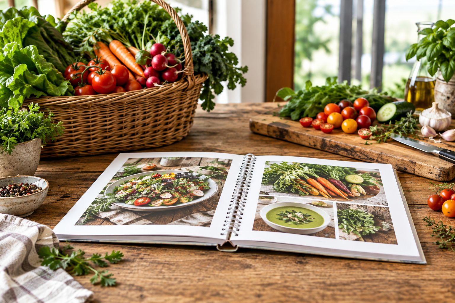 Coil-bound cookbook lying flat on a kitchen counter beside fresh produce