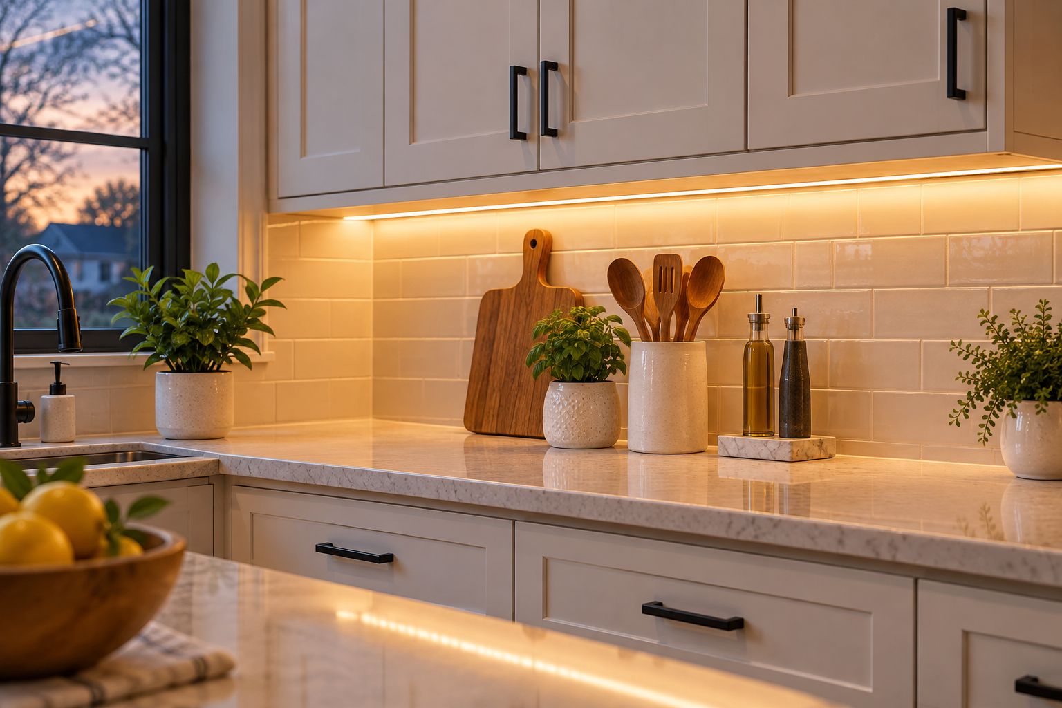 Warm LED strip lighting glowing under kitchen cabinets above a counter