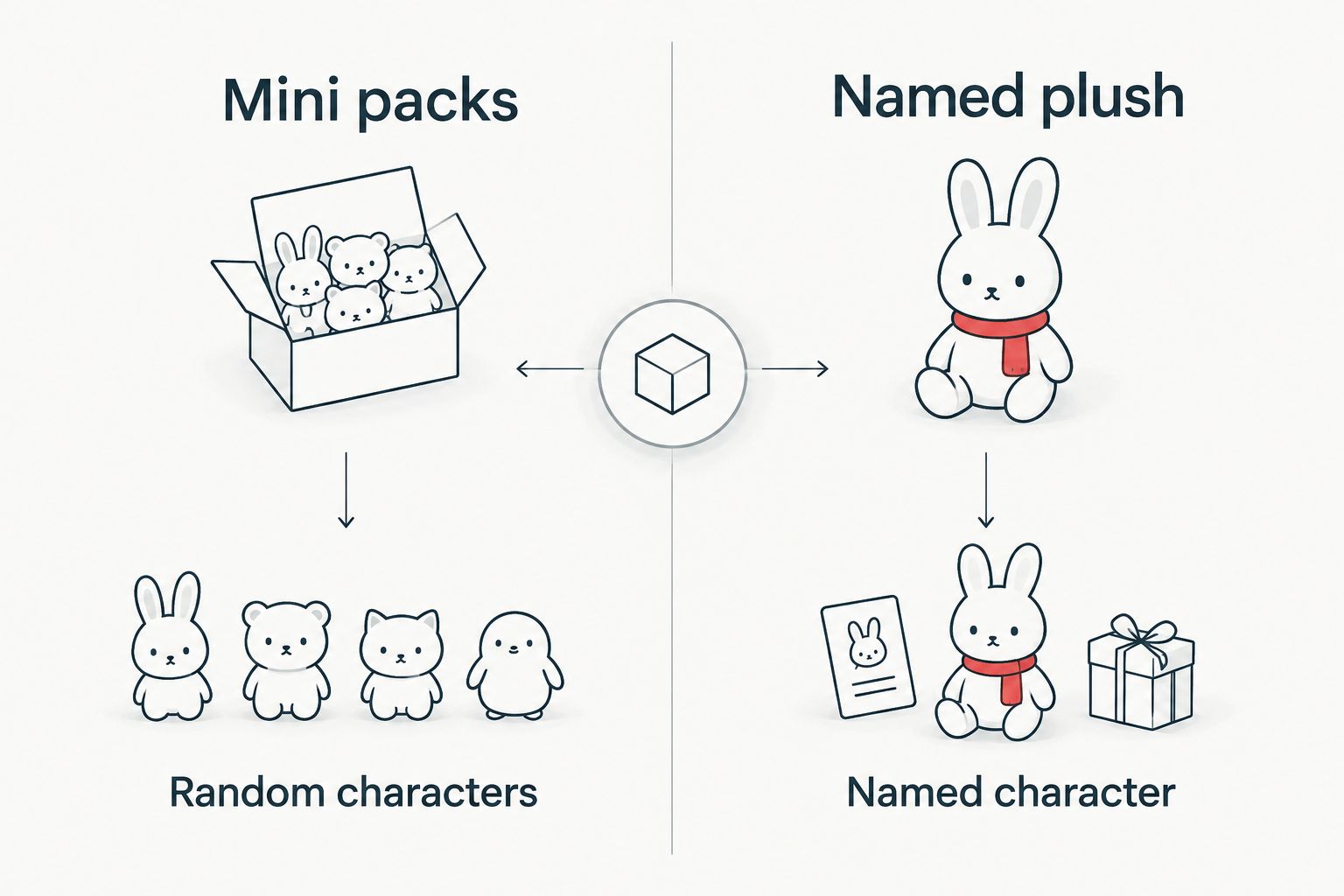 Comparison of random-character mini packs and named-character plush