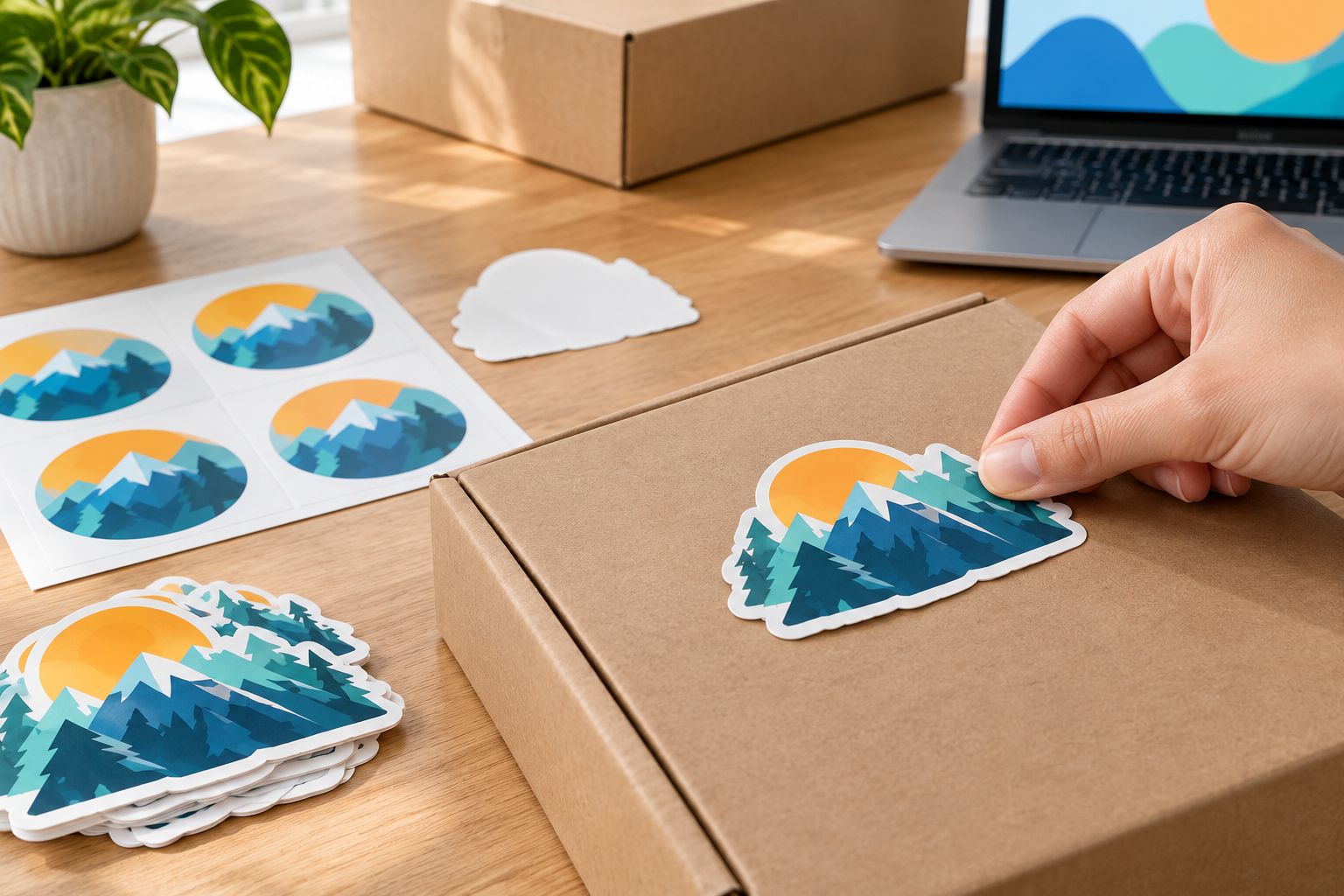 Hand checking a custom-shaped sticker against the flat panel and fold of a plain cardboard box