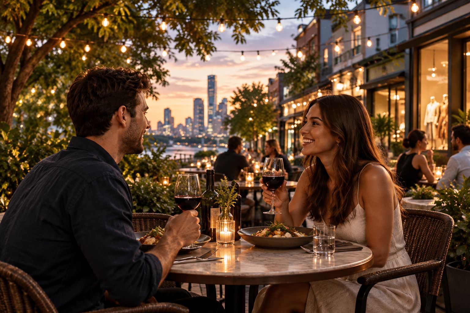 Outdoor dining terrace on a leafy Brisbane street at dusk