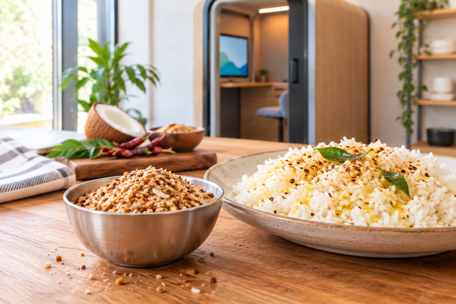 Bowl of coconut podi beside a plate of ghee rice