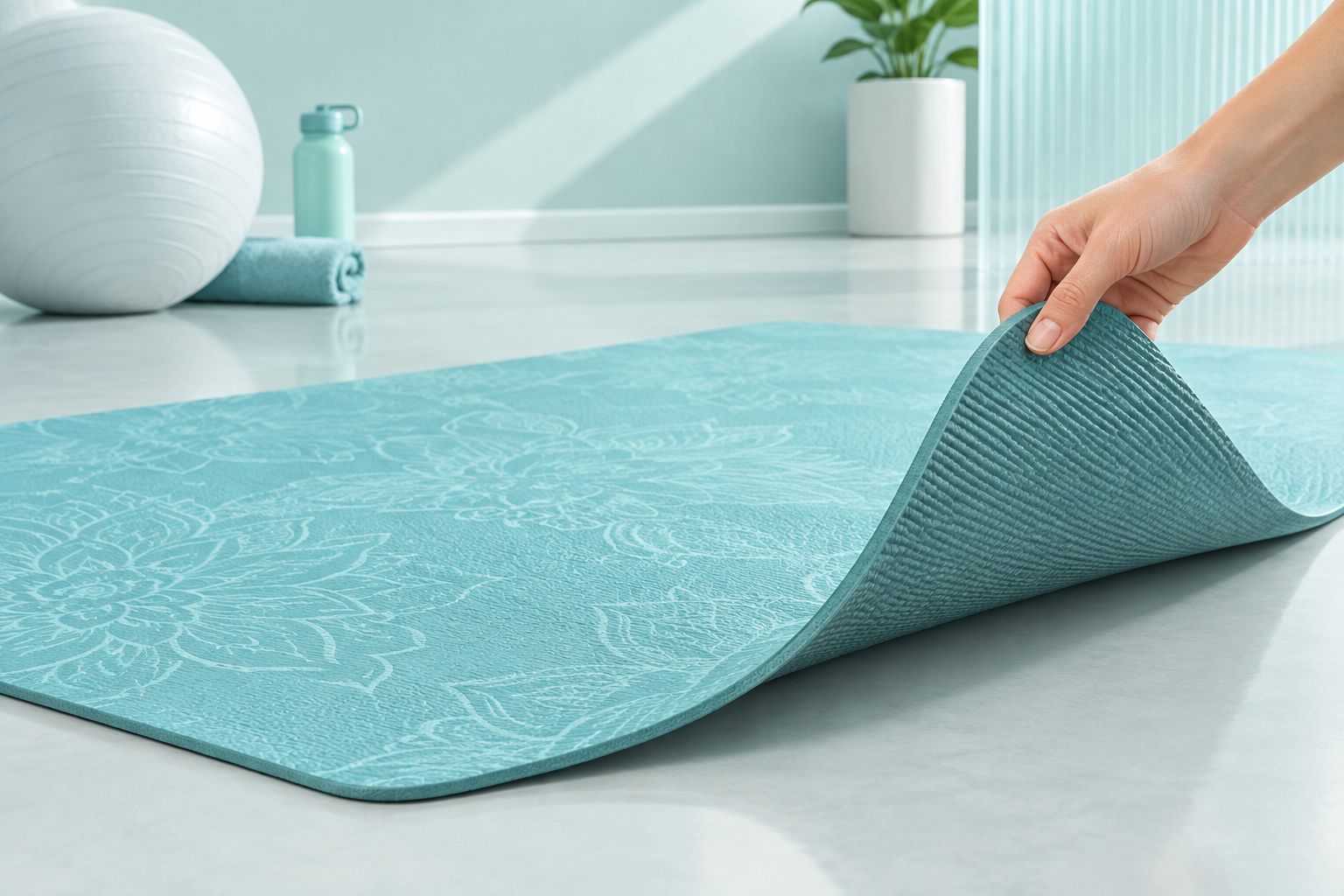 A hand lifting a yoga mat corner to inspect its underside and the floor