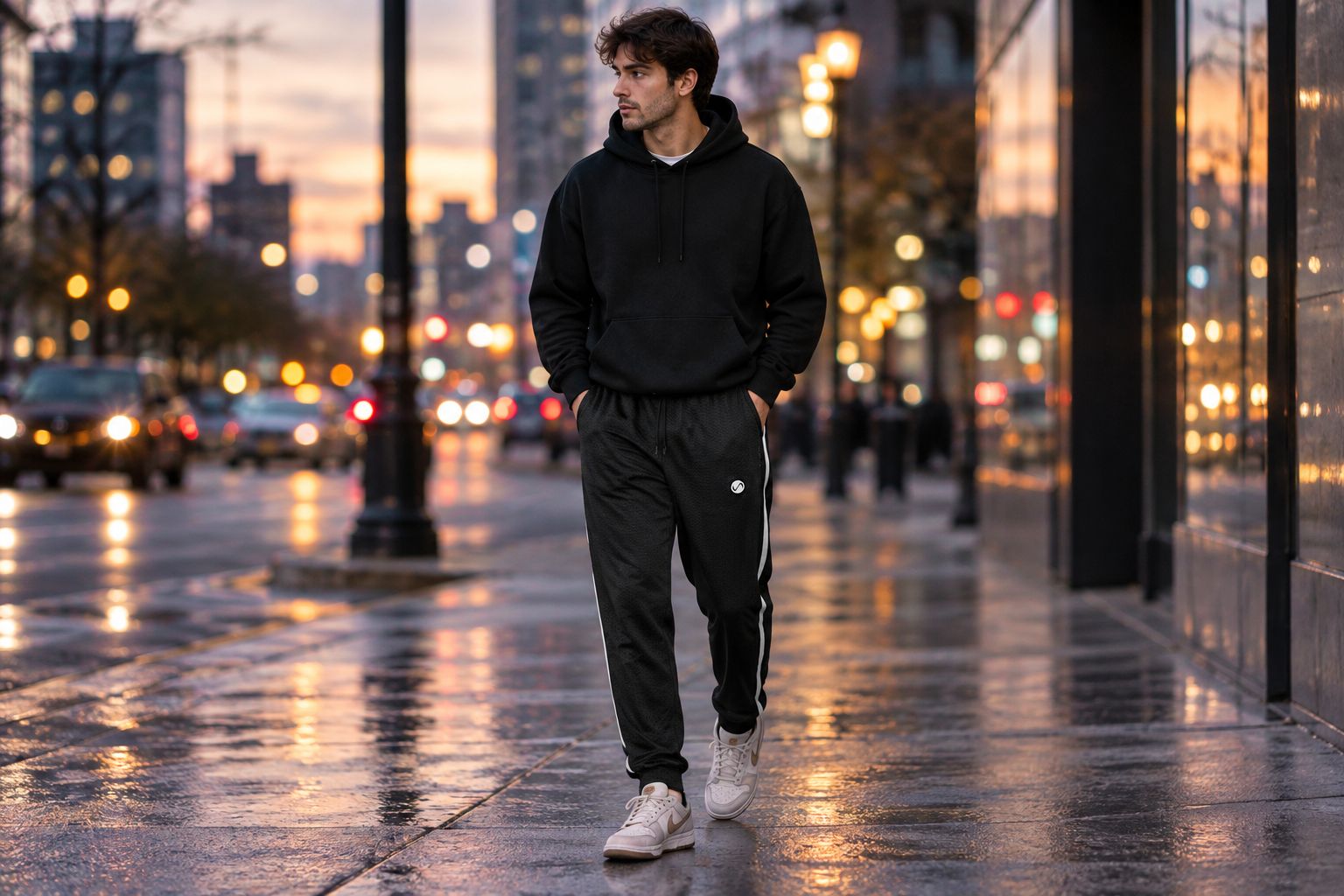 Man wearing tapered track pants walking through a city street