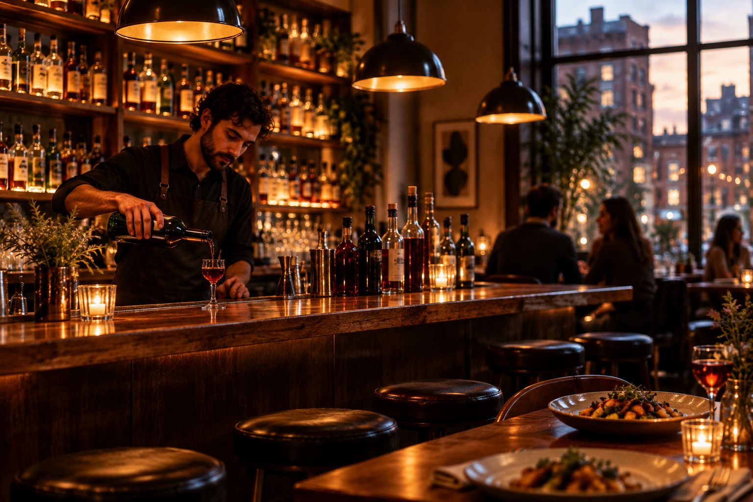 Warmly lit neighborhood bar with amaro bottles on the back bar