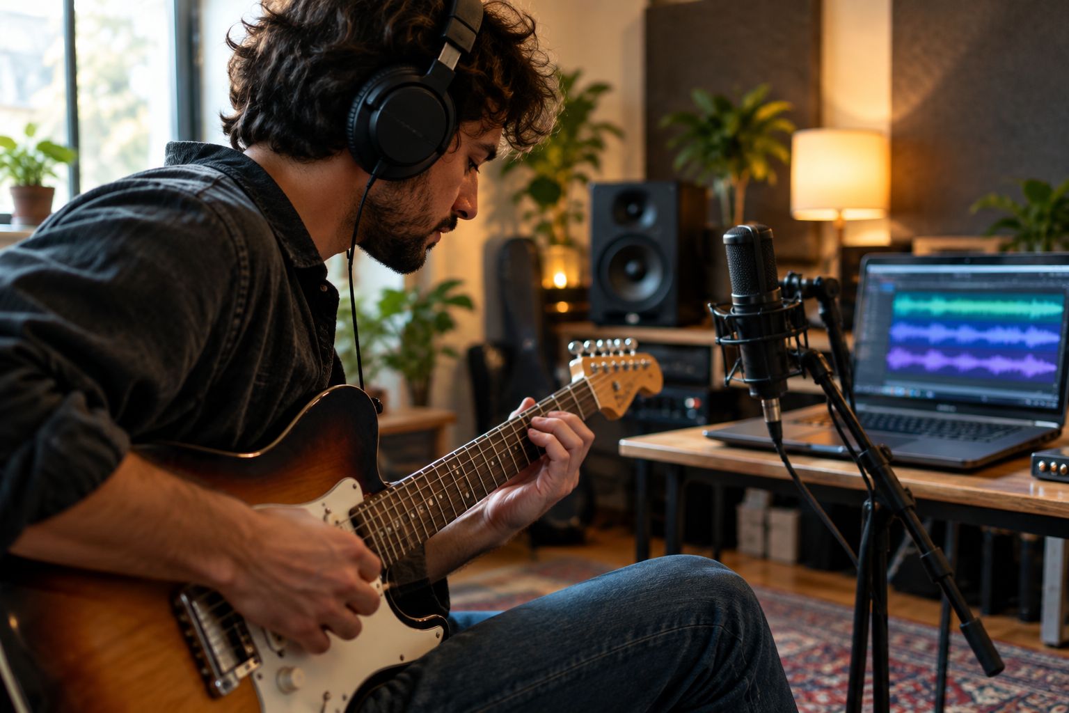 Session guitarist recording in a home studio setup