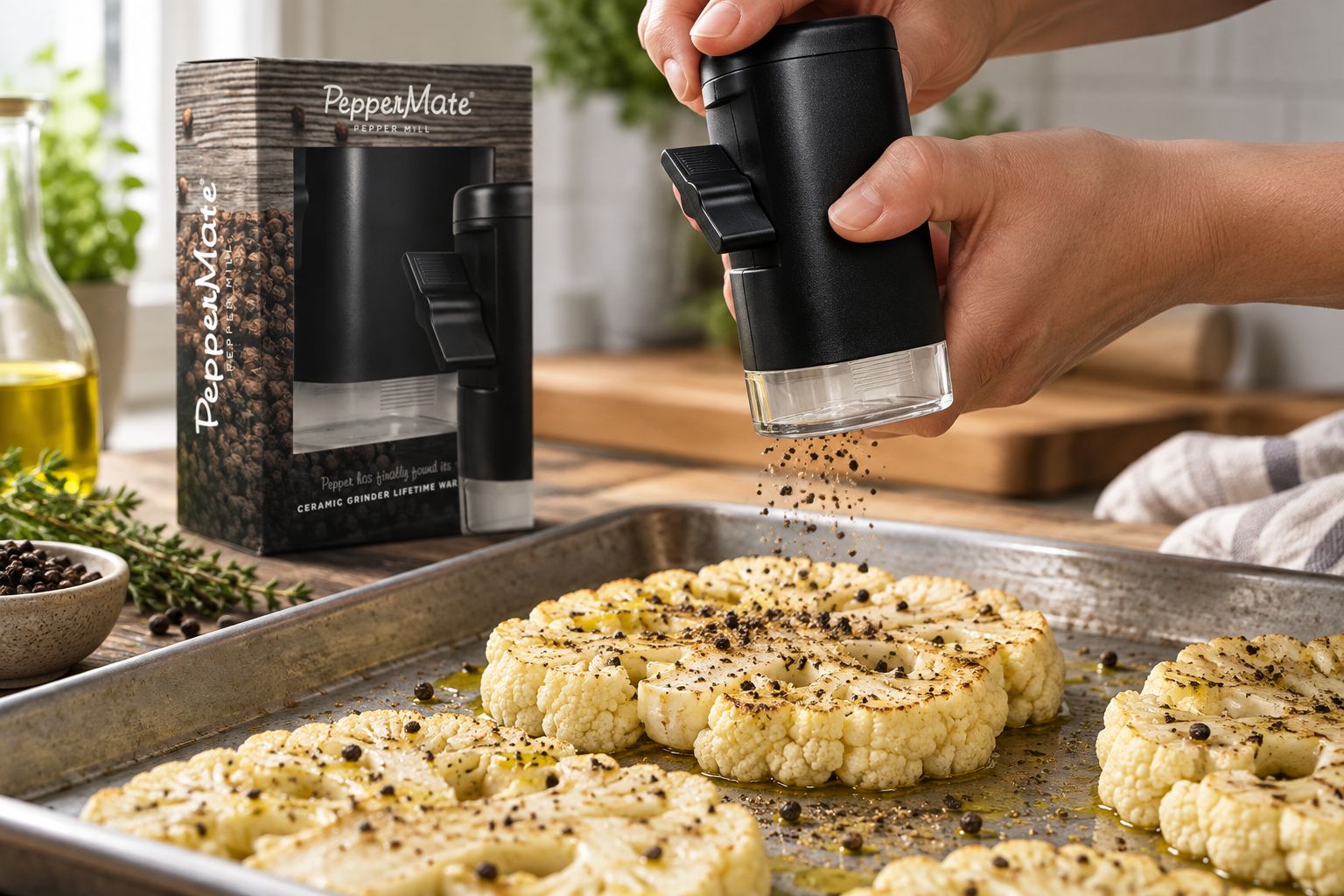 Coarse black pepper being ground over cauliflower steaks on a sheet pan