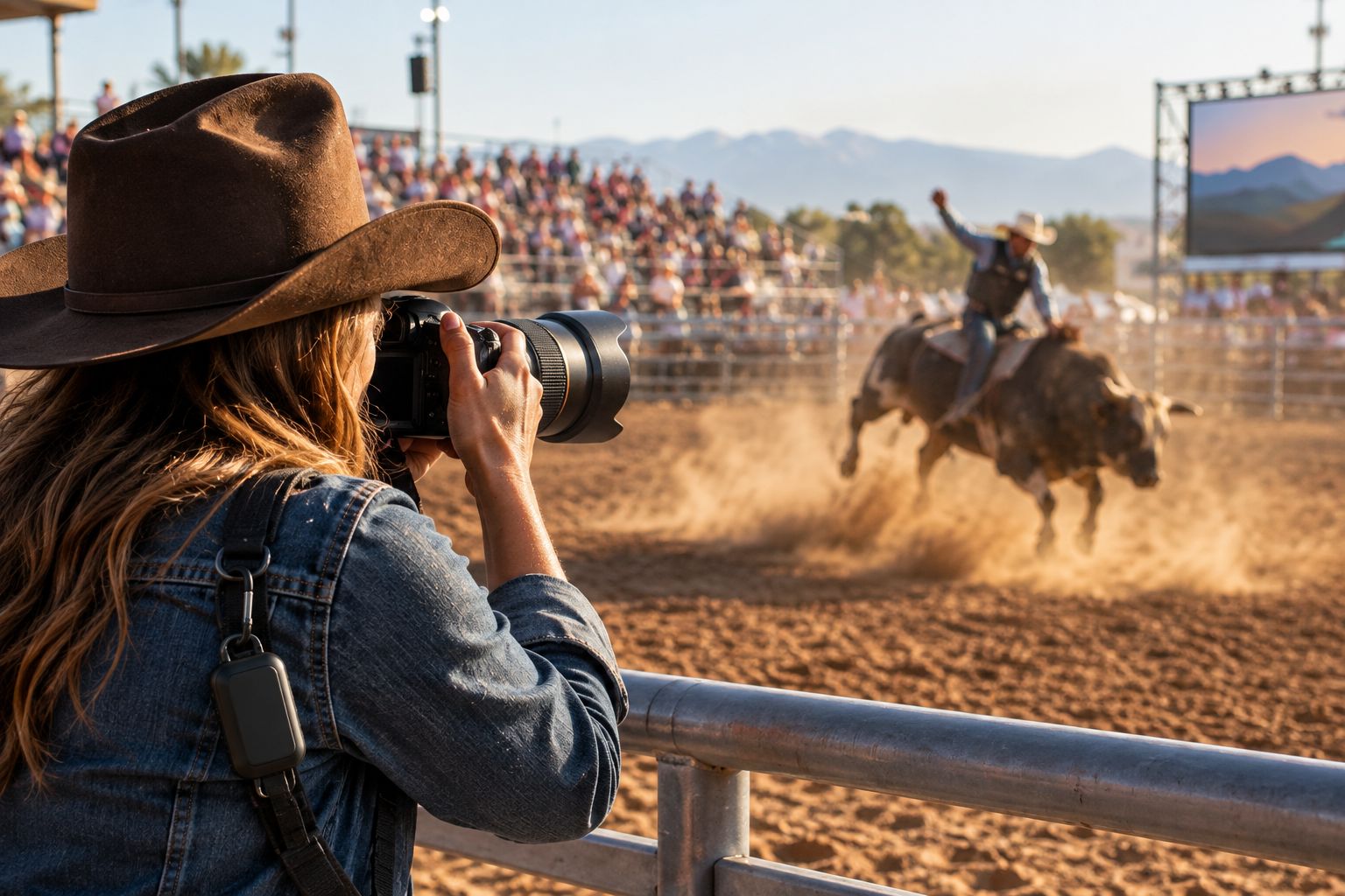 Photographer at a dusty rodeo arena rail shooting with a mobile hotspot on the camera strap