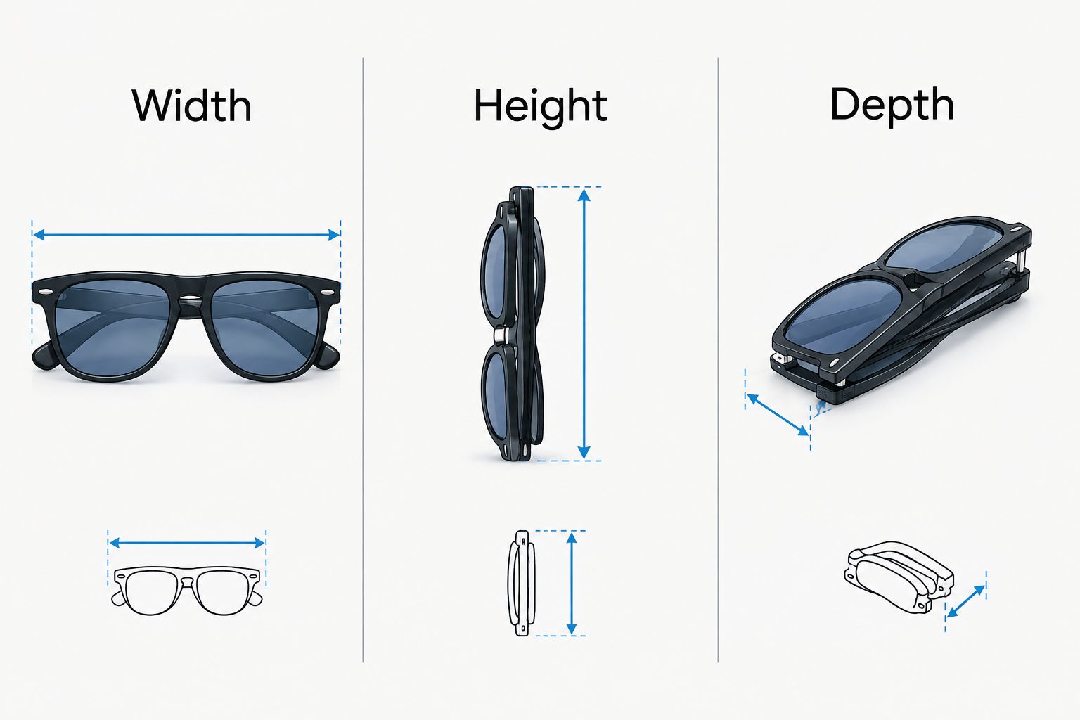 Width, height and depth measurements on a folded pair of sunglasses