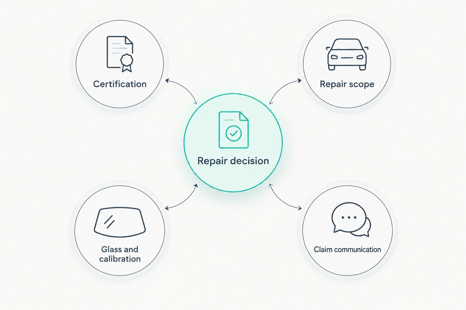 Four checks around a repair decision: certification, repair scope, glass and calibration, and claim communication.