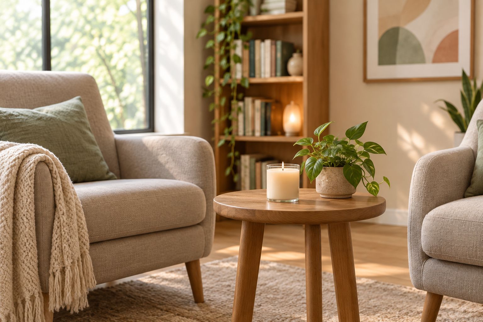 Calm therapy office waiting room with a single candle on a side table