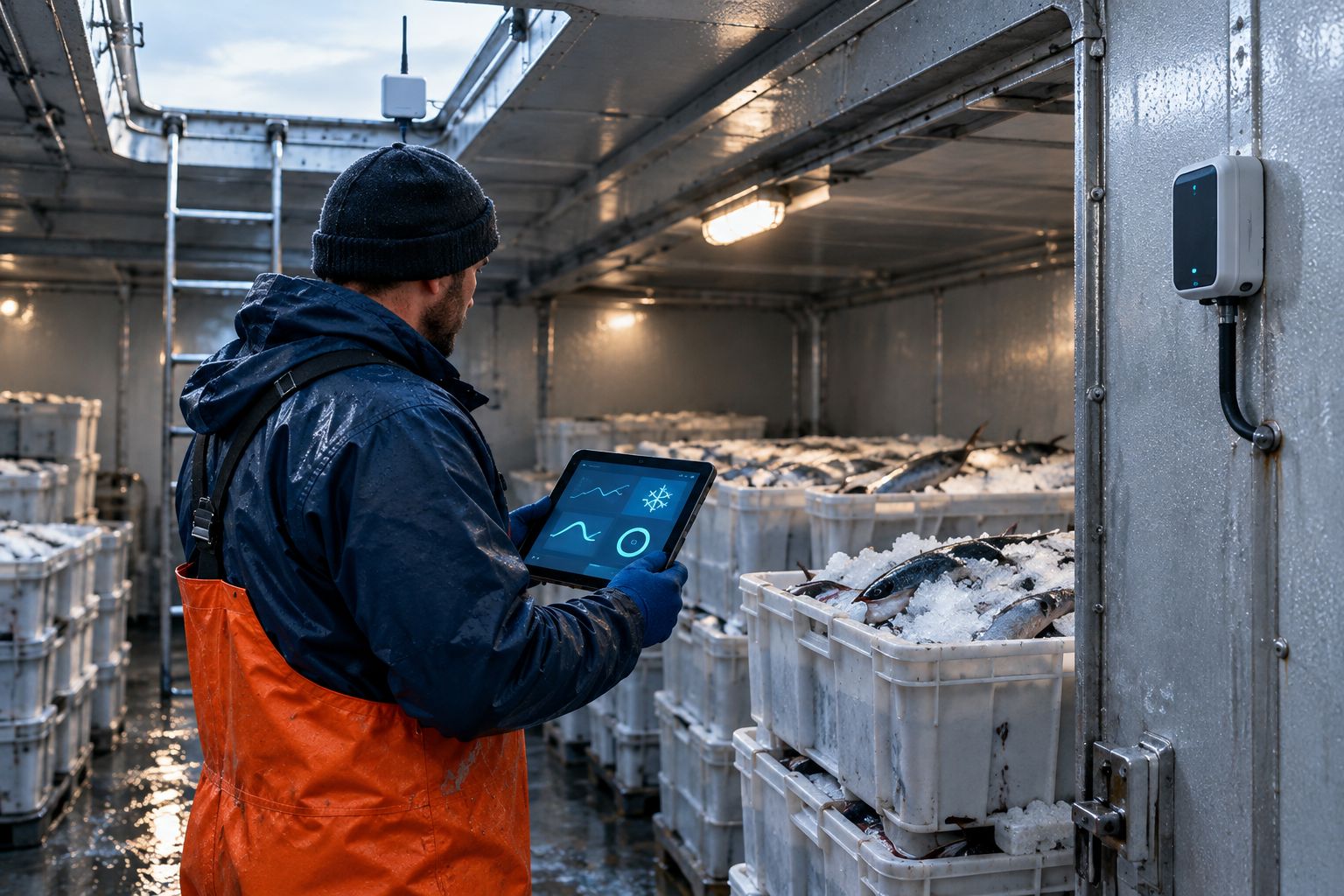 Wireless sensor mounted inside a fishing trawler's insulated fish hold