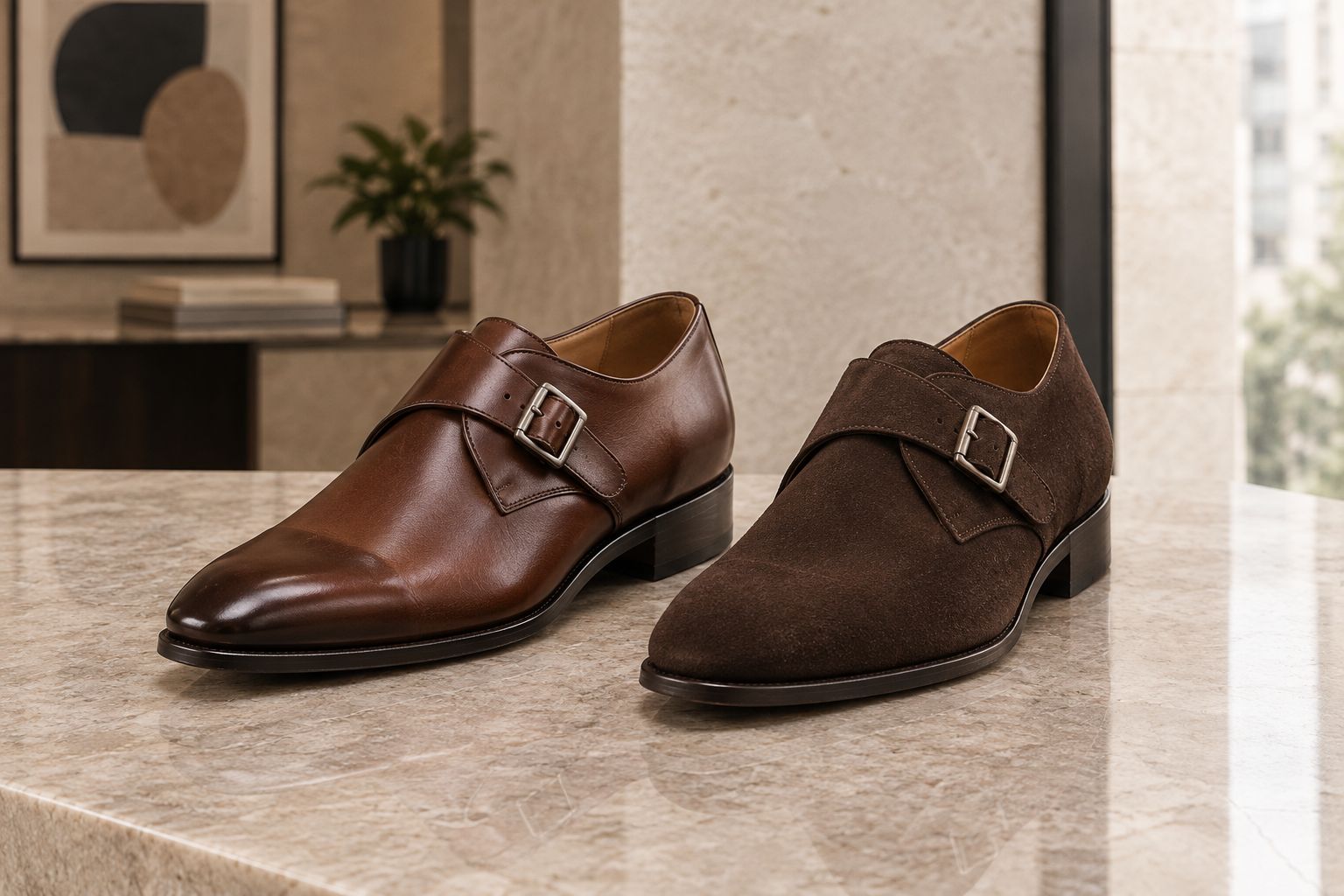 Smooth leather and suede monk strap shoes shown side by side