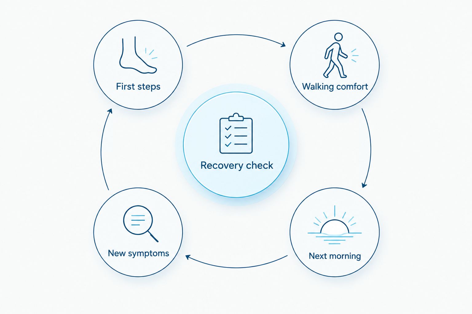 Recovery check diagram covering first steps, walking comfort, next-morning symptoms, and new symptoms.