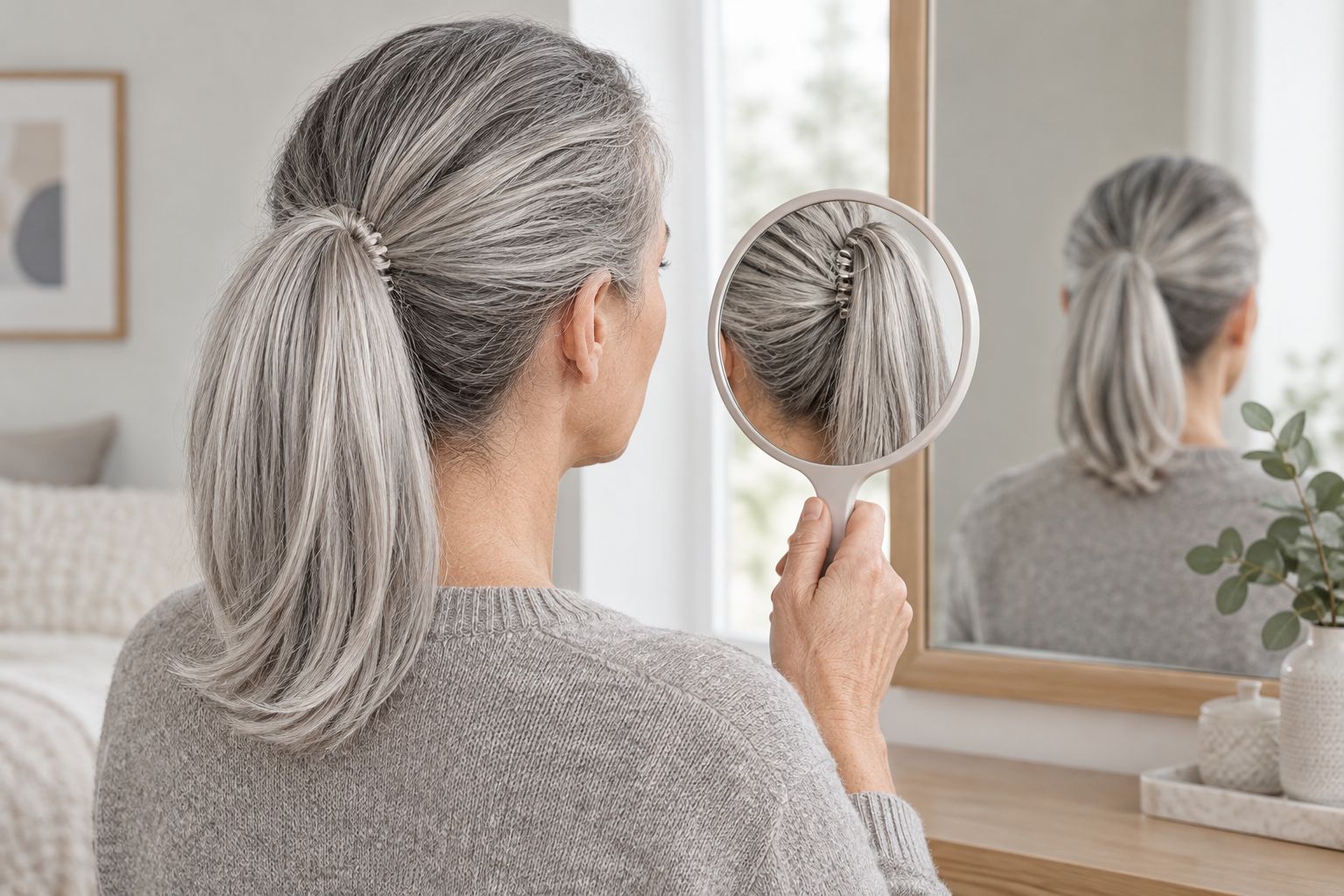 Woman checking the attachment area of a low ponytail with a handheld mirror