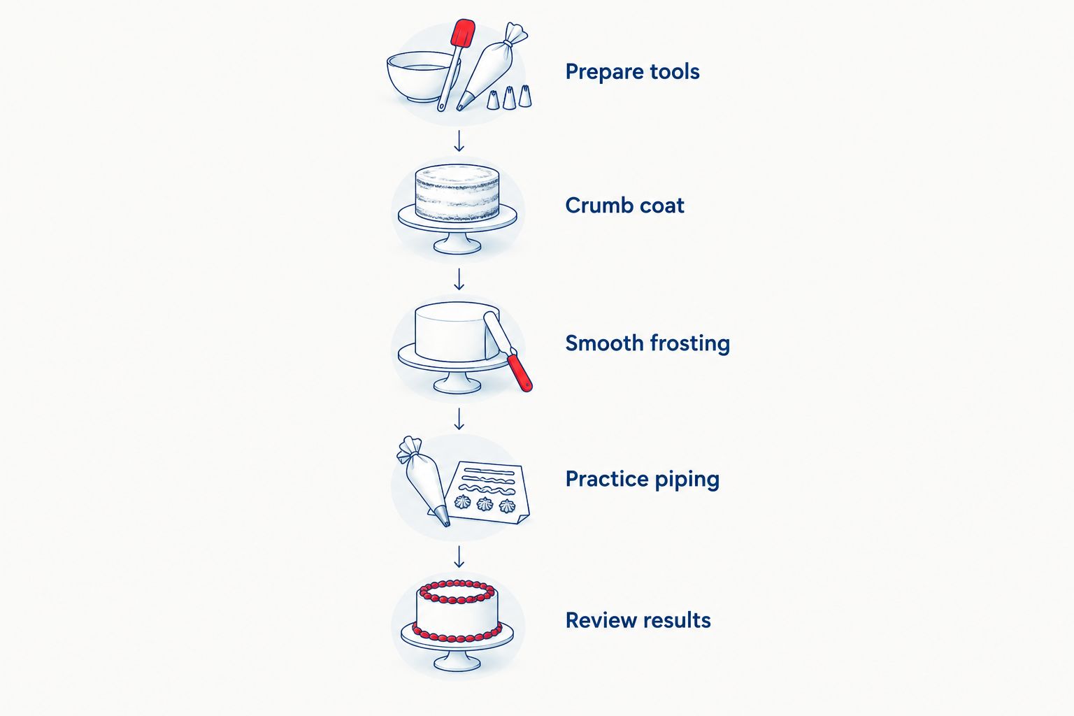 Practice sequence from preparing tools and crumb coating to piping and reviewing the result