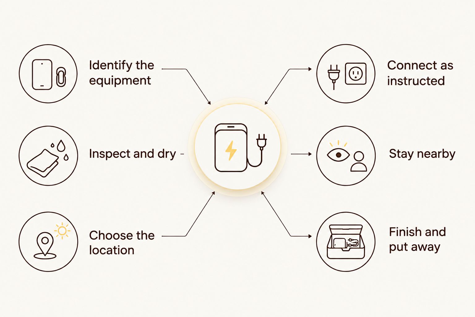 Charging checklist covering equipment checks, a safe location, supervision and disconnecting afterwards