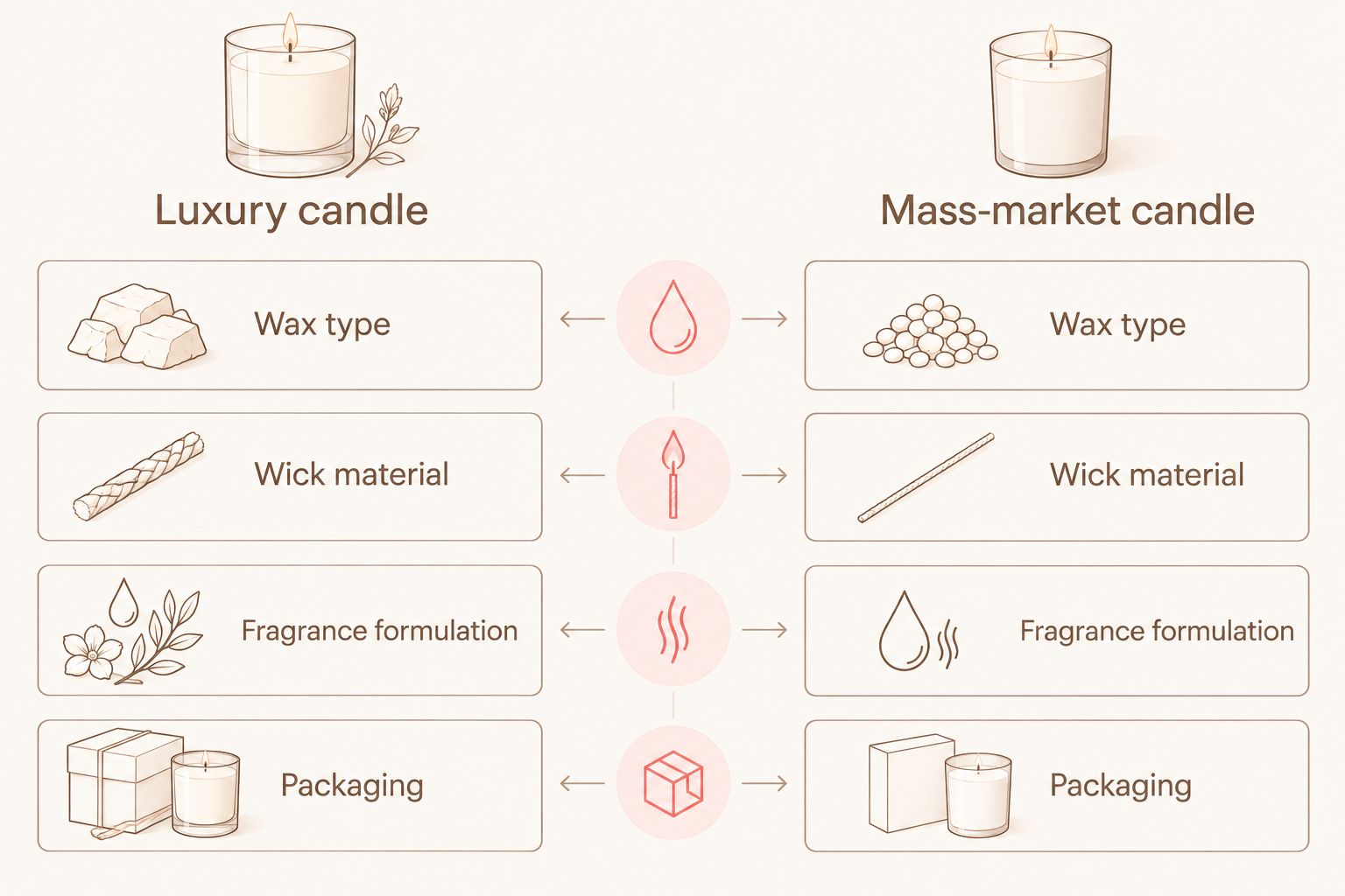 Two-column comparison of luxury versus mass-market candle attributes